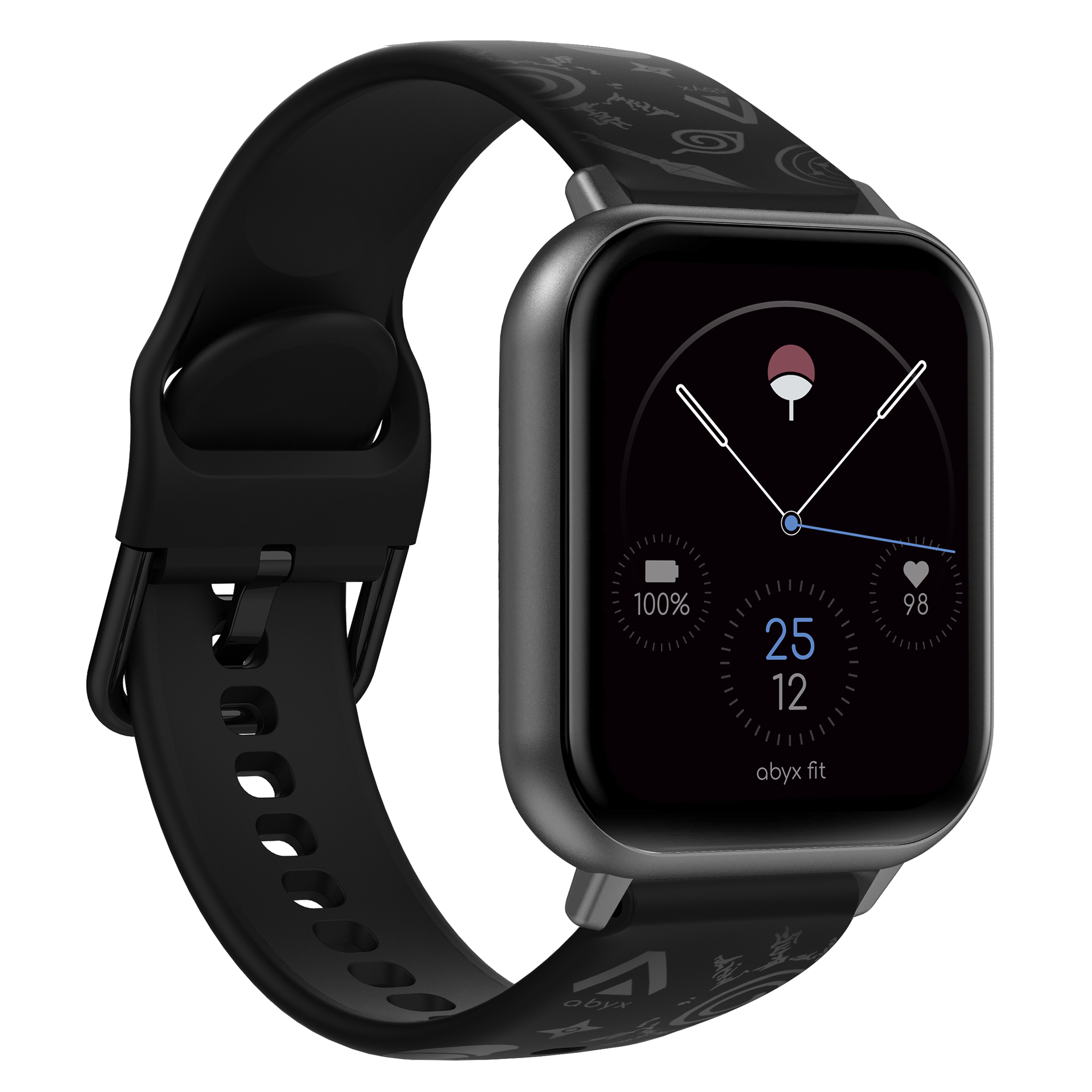 Eine schwarze Smartwatch mit schwarzem Armband, der Bildschirm zeigt die Uhrzeit und den Akku.