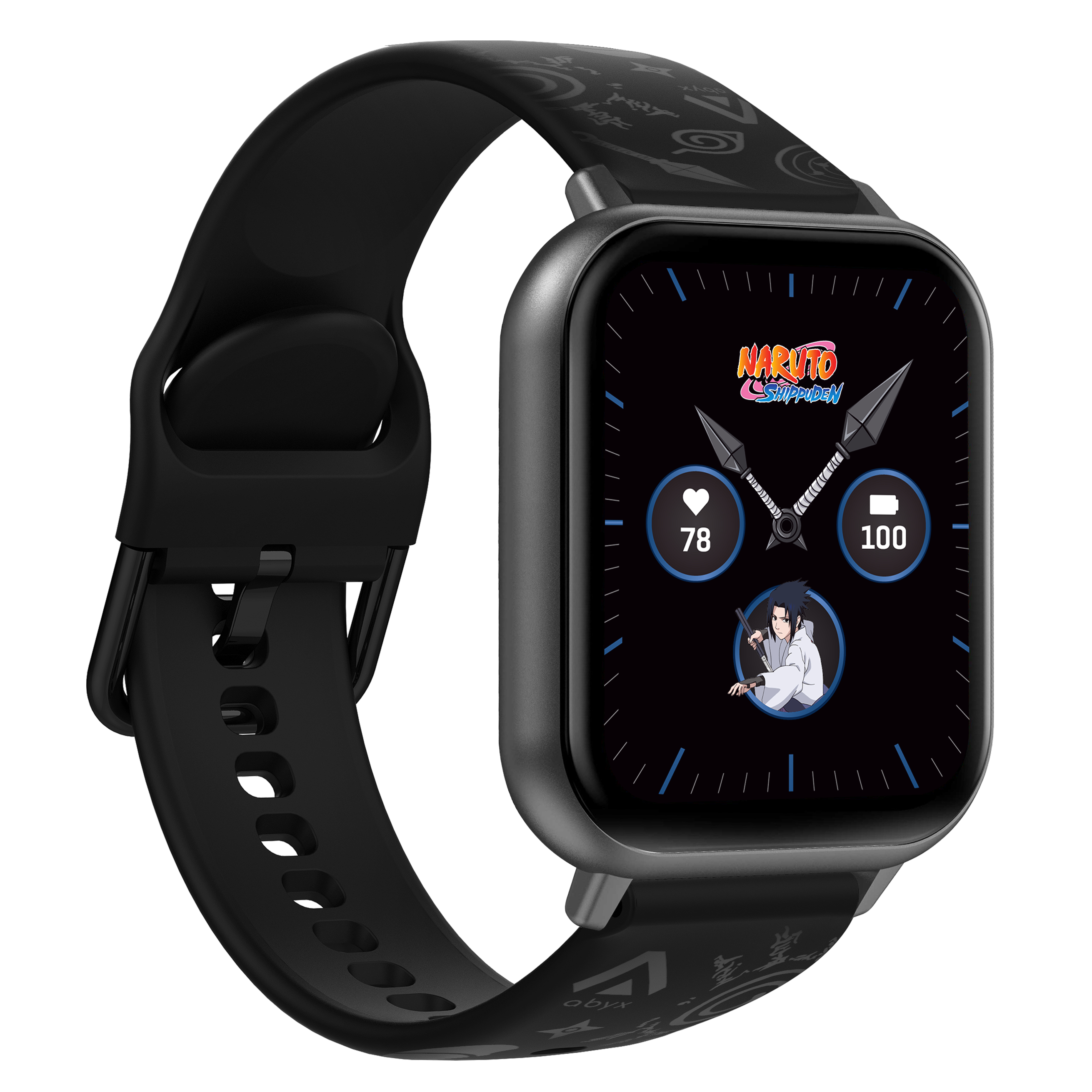 Eine Smartwatch mit Naruto-Design auf dem Display, das Naruto und Sasuke zeigt.