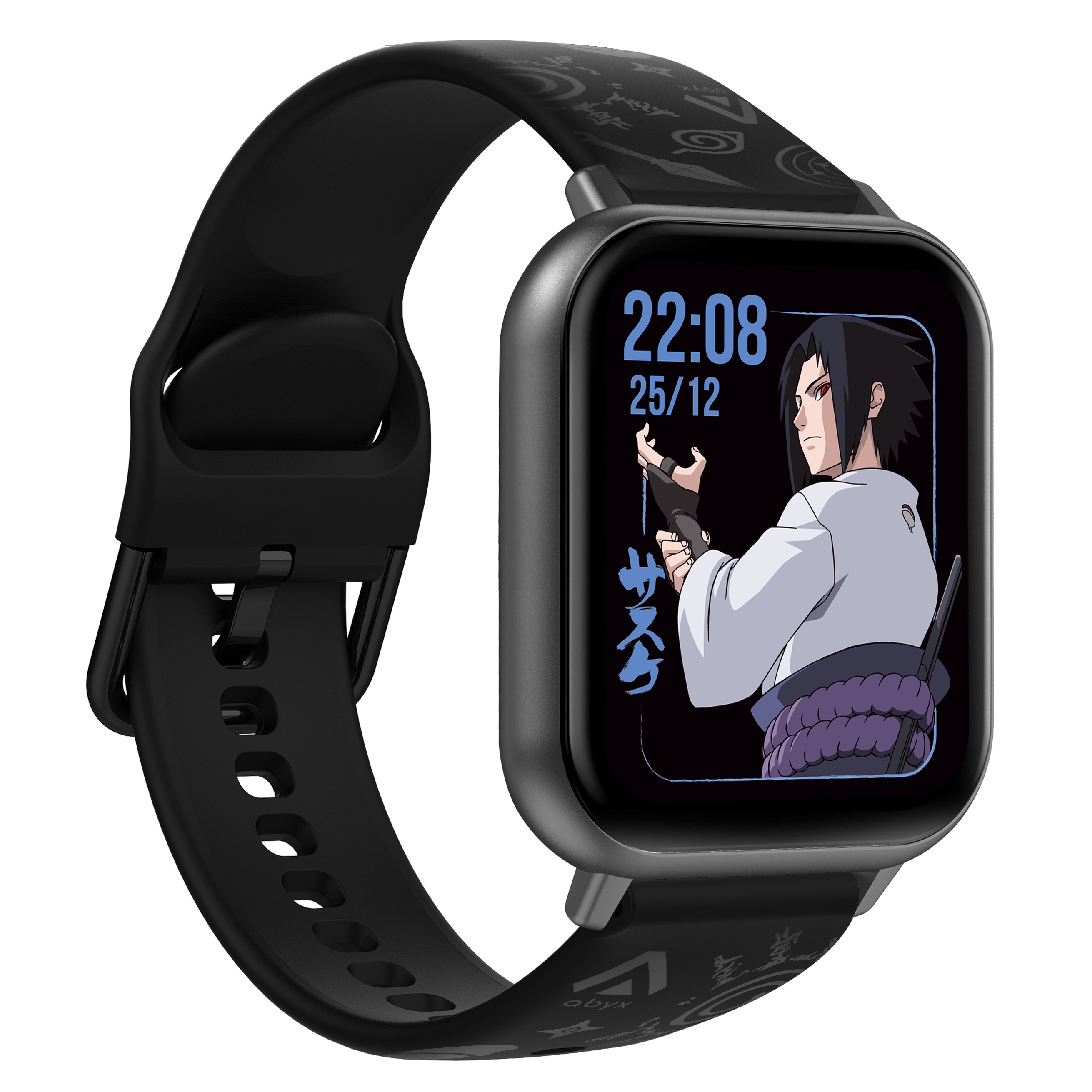 Schwarze Smartwatch mit einem Charakter auf dem Bildschirm. Das Armband ist schwarz mit einem Design.