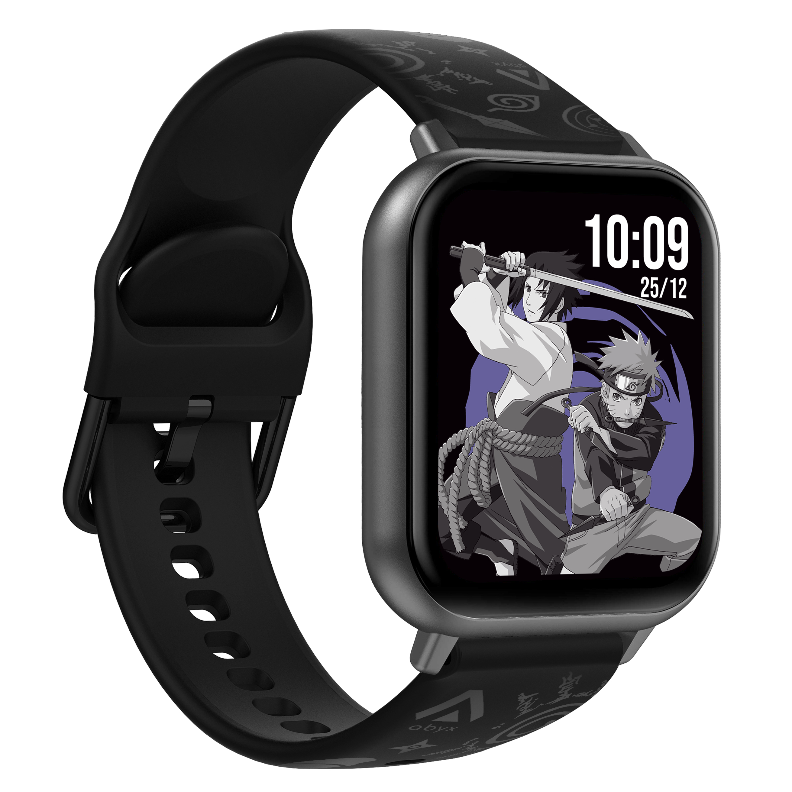 Naruto Smartwatch, schwarzes Armband, Naruto- und Sasuke-Bild auf dem Bildschirm, weiß.