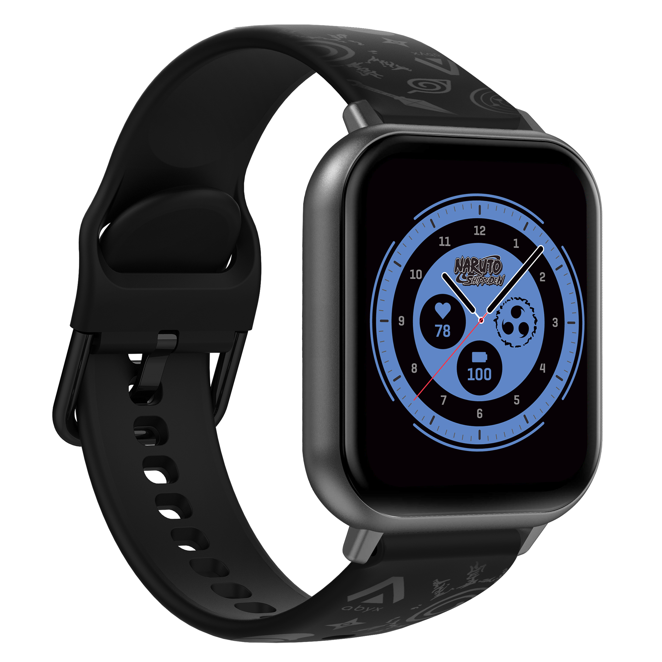 Schwarze Smartwatch mit schwarzem Armband. Das Zifferblatt hat ein Naruto-Design und zeigt Gesundheitsdaten an.