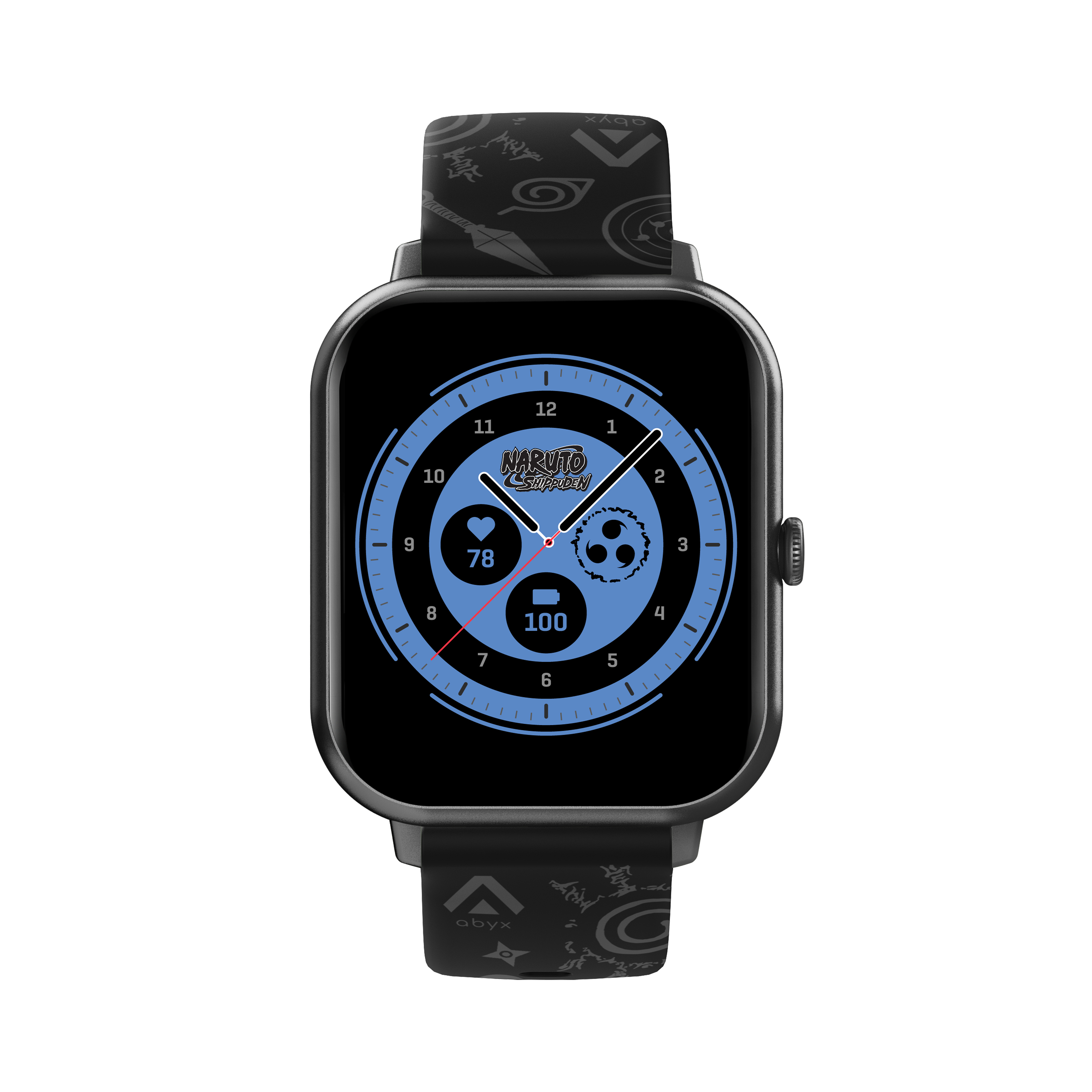 Schwarze Smartwatch mit Naruto-Design auf Armband und Zifferblatt.