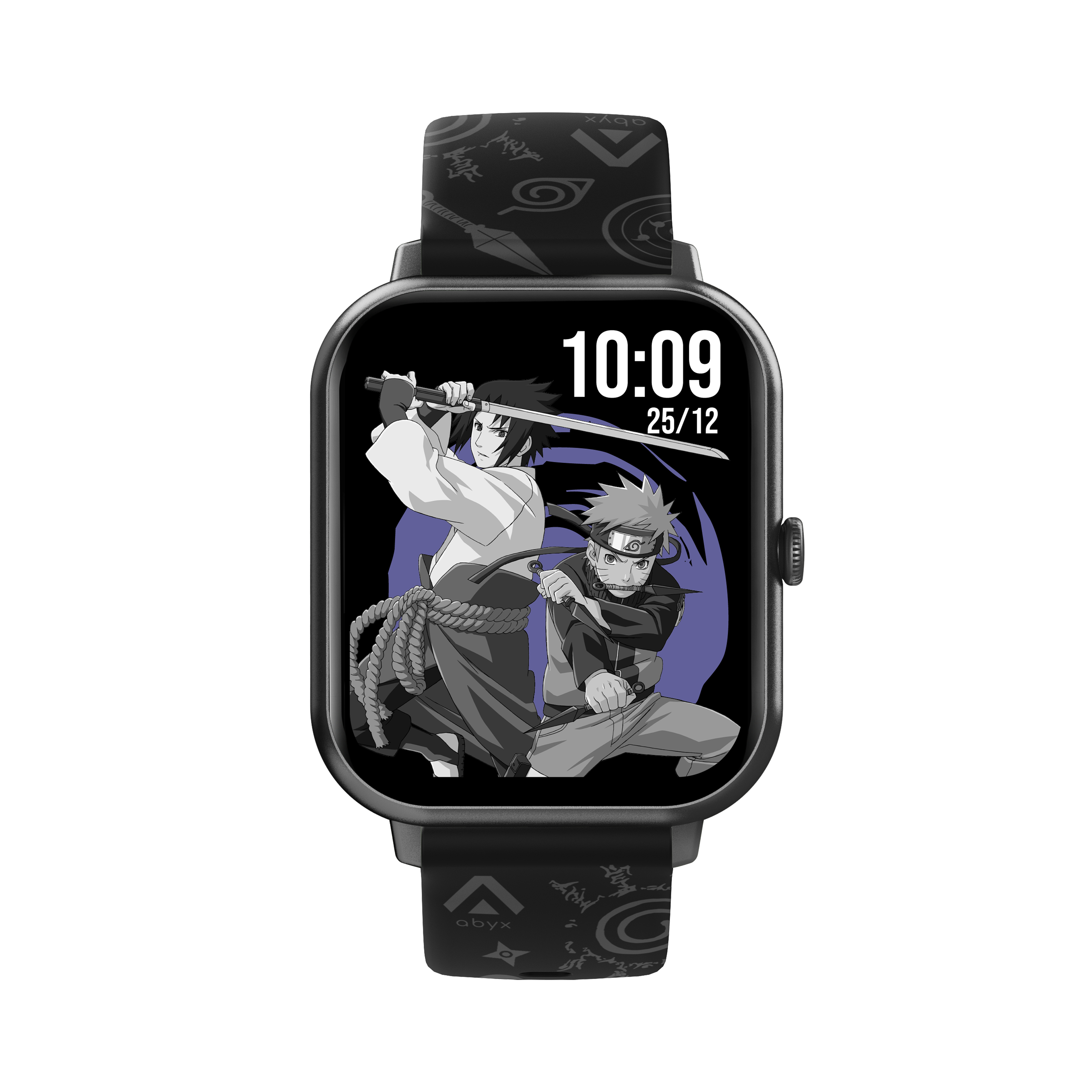 Smartwatch mit Naruto- und Sasuke-Charakteren auf dem Display, schwarzes Armband. Weißer Hintergrund.
