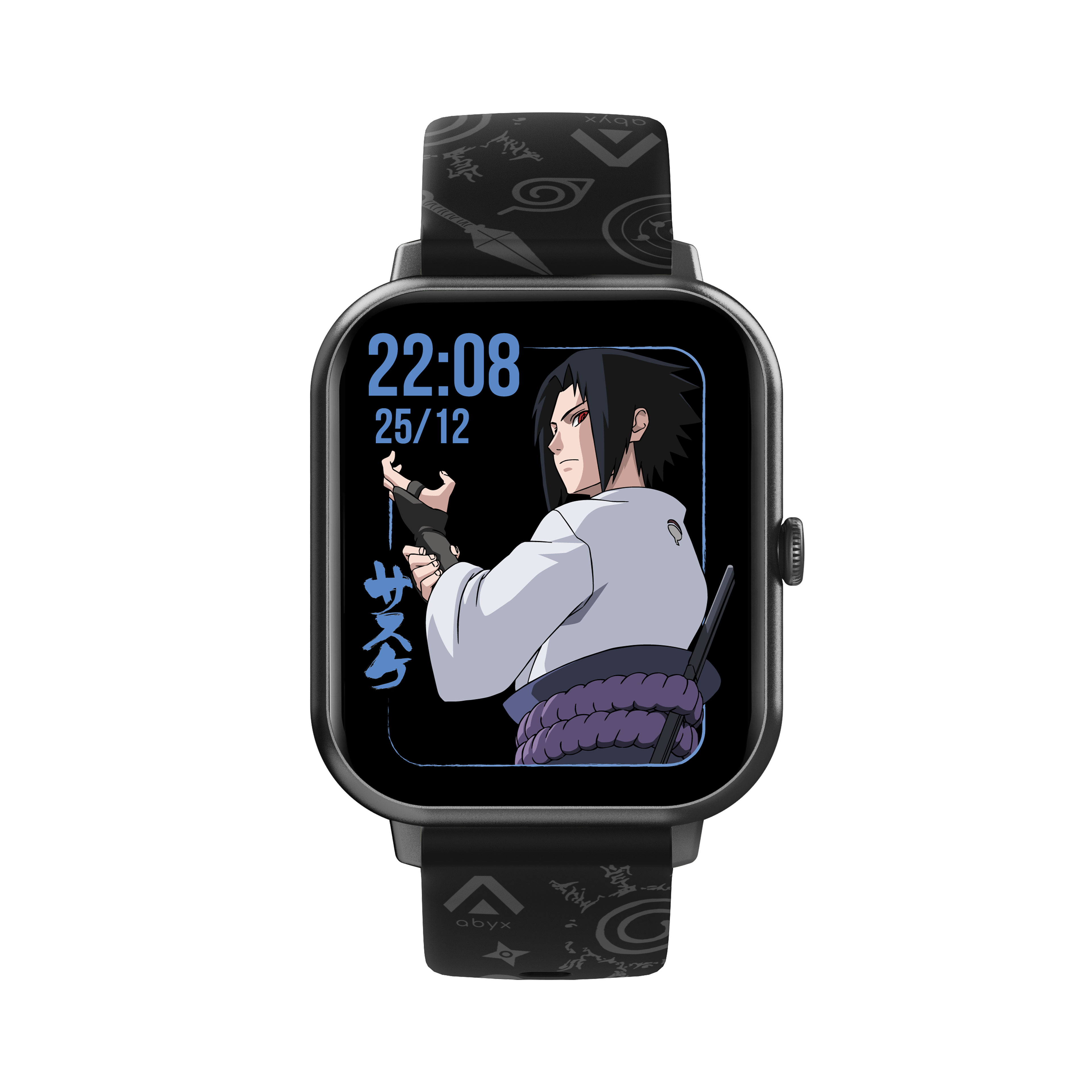 Smartwatch mit Naruto-Charakter auf dem Bildschirm. Die Uhr hat ein schwarzes Armband.