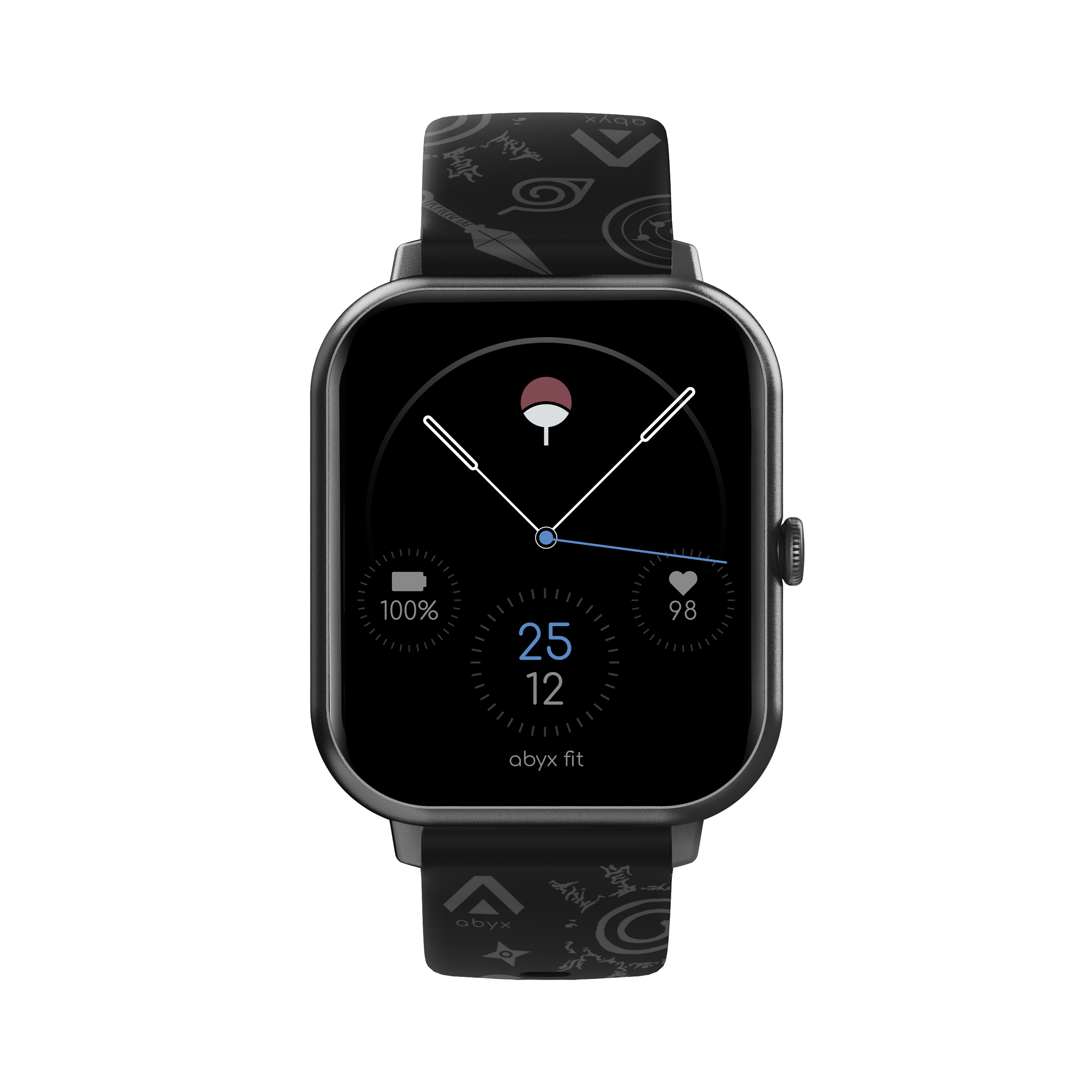 Smartwatch, das Zeit, Akku und ein Herzsymbol anzeigt, mit schwarzem Armband.