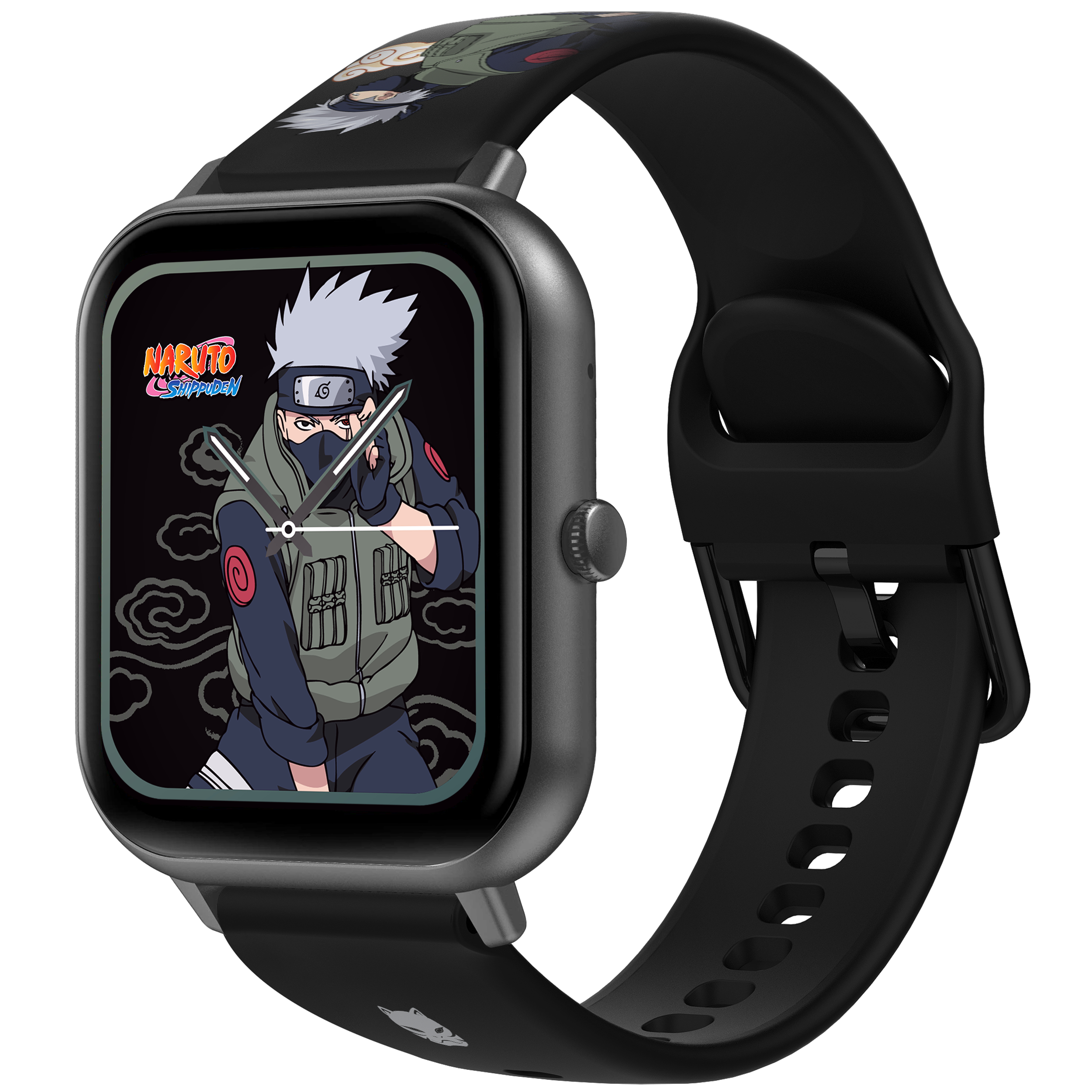 Naruto Shippuden Smartwatch, schwarzes Armband, mit Kakashi auf dem Bildschirm.