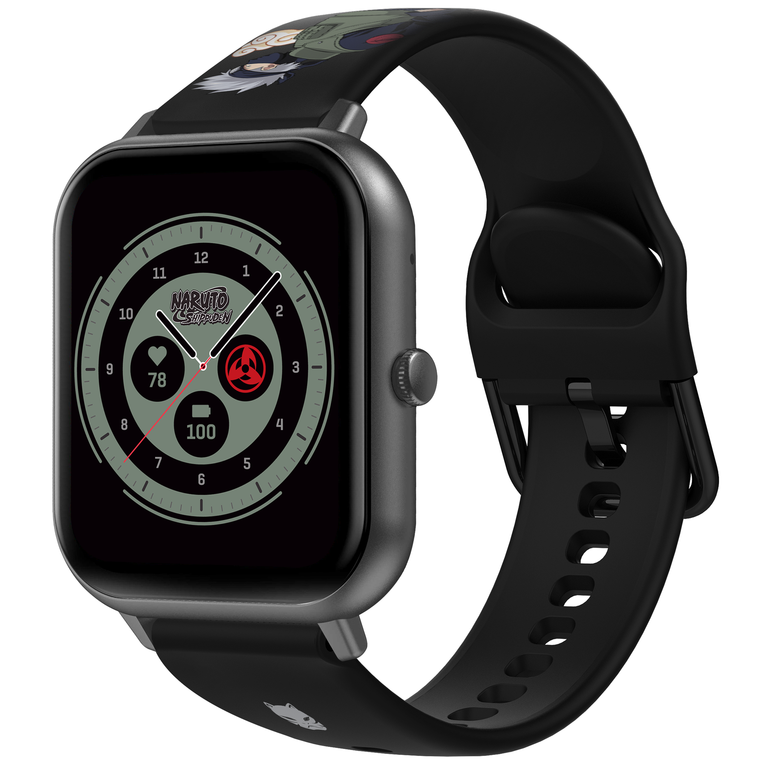 Eine Smartwatch mit Naruto-Design, die ein kreisförmiges Zifferblatt und das Naruto-Logo zeigt.