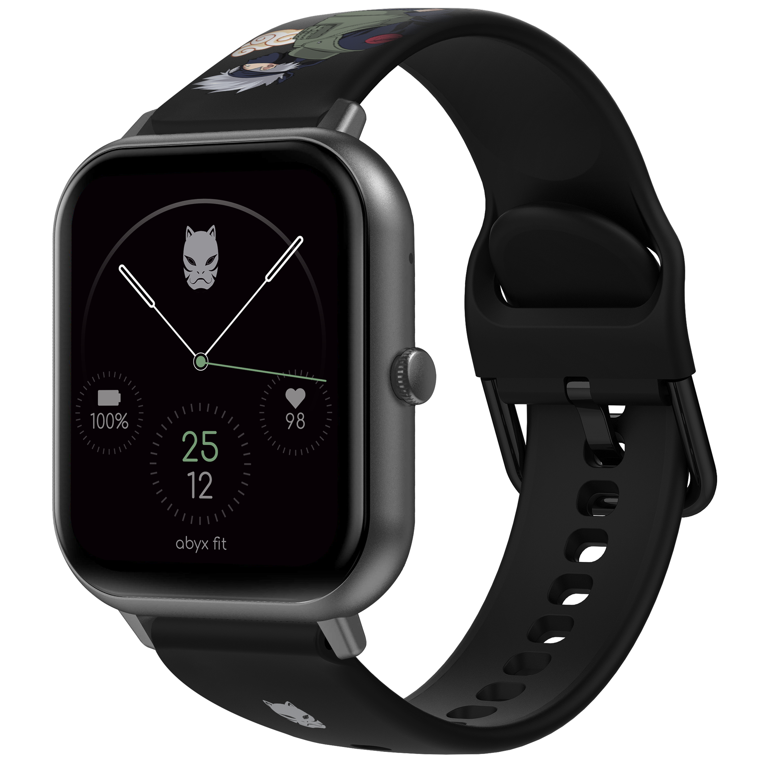 Eine Smartwatch mit schwarzem Armband. Der Bildschirm zeigt die Uhrzeit, den Akku und ein Gesicht.