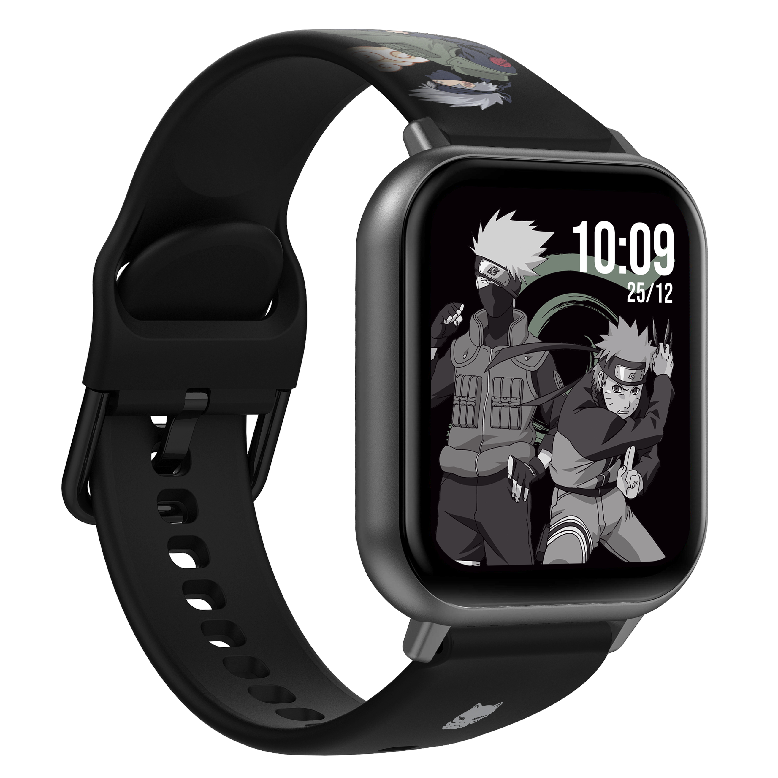 Smartwatch mit Anime-Charakteren auf dem Bildschirm. Schwarzes Armband und Zifferblatt.