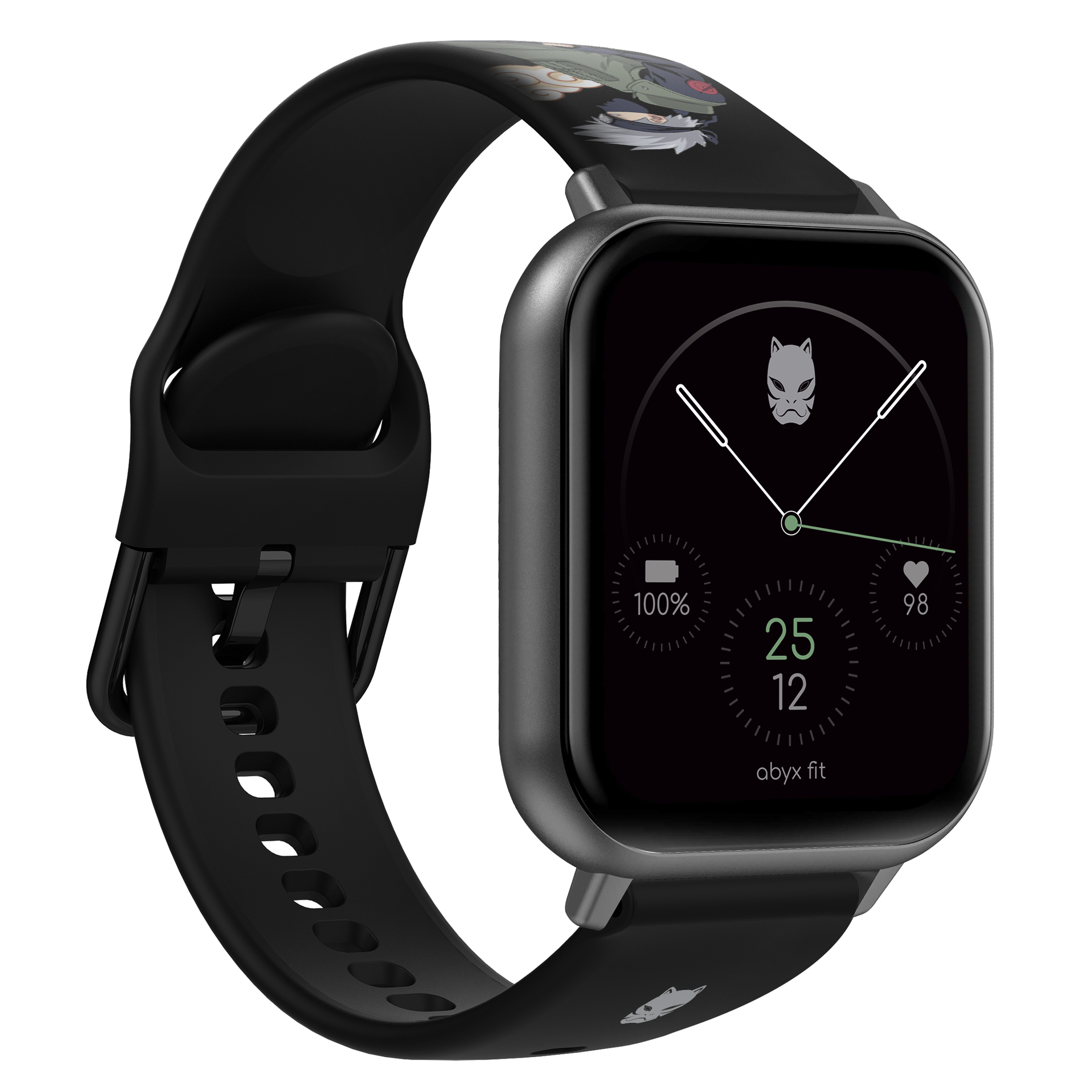 Schwarze Smartwatch mit schwarzem Armband. Die Uhr zeigt Zeit und Prozentsatz.