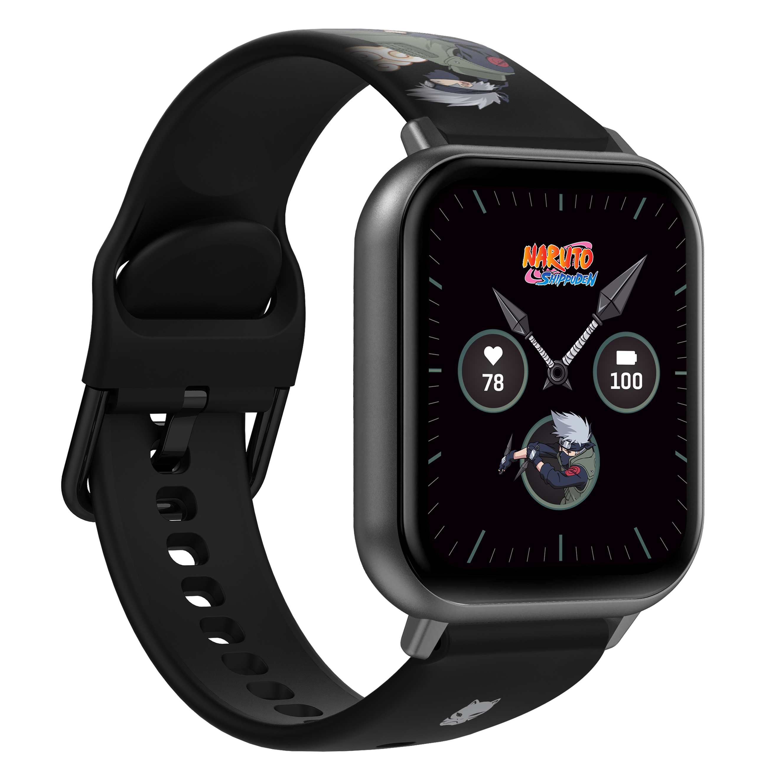 Schwarze Smartwatch mit Naruto-Charakteren auf Armband und Bildschirm.