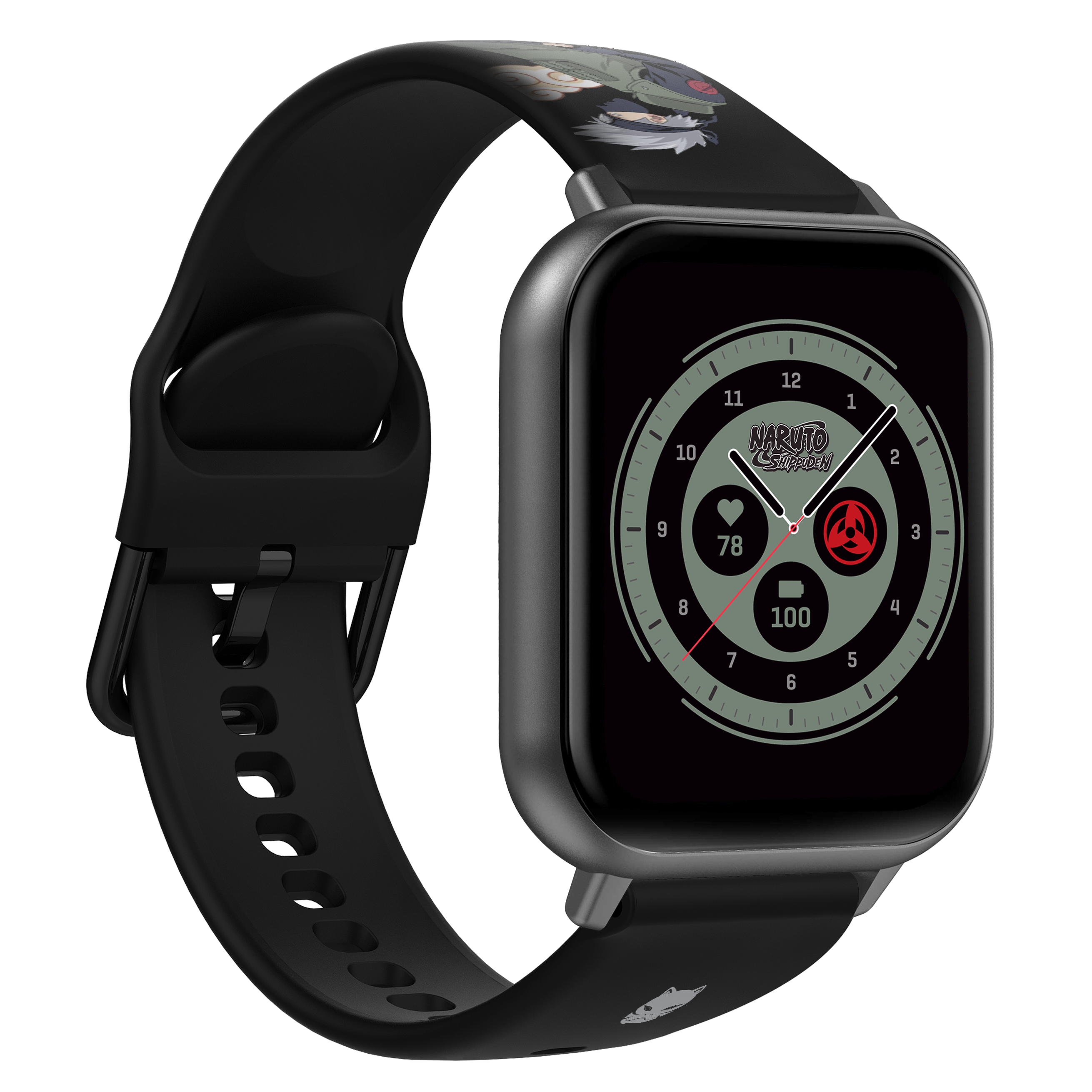 Eine schwarze Smartwatch mit Naruto-Design auf Armband und Zifferblatt.