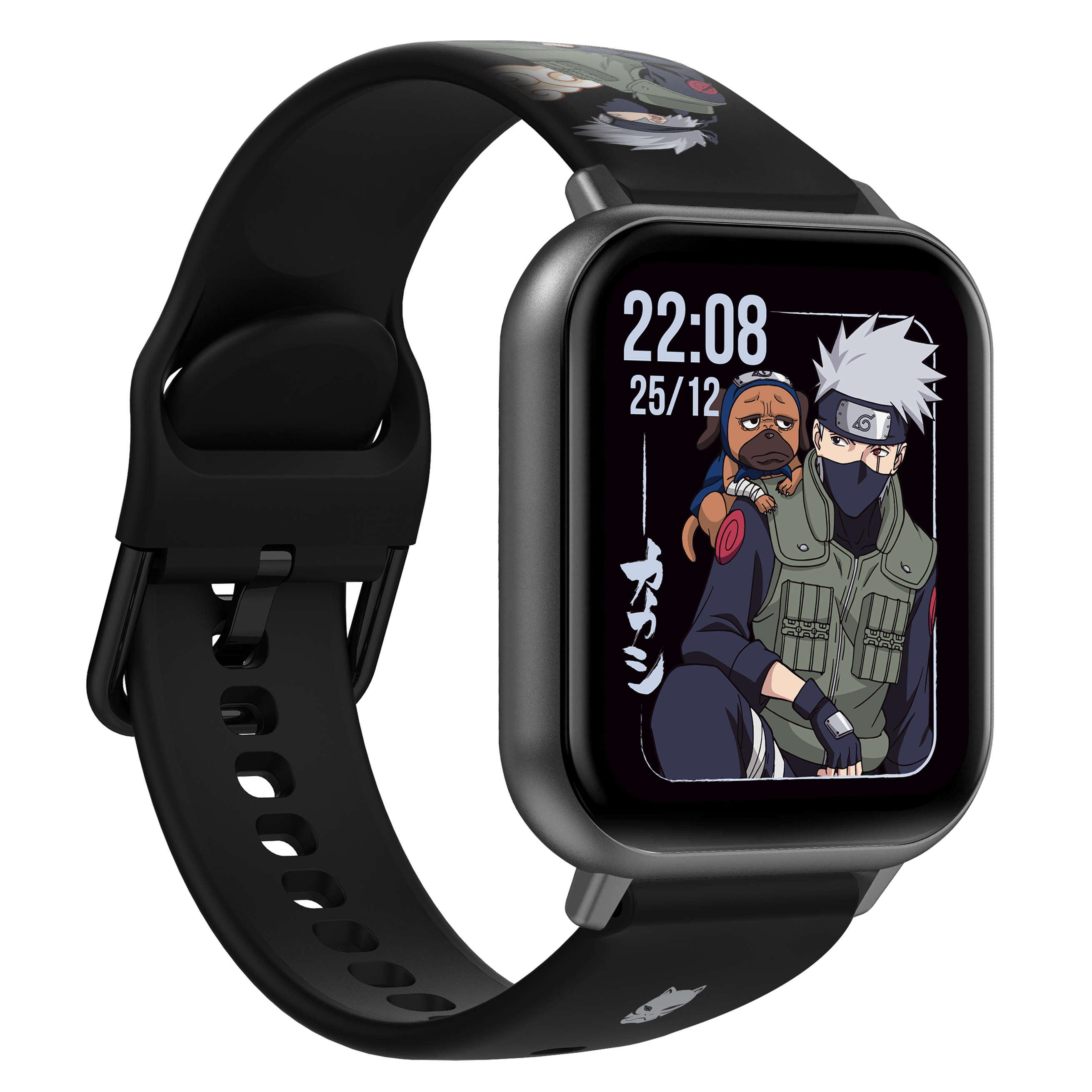 Eine schwarze Smartwatch mit einem Naruto-Cartoon auf dem Bildschirm und einem schwarzen Armband.