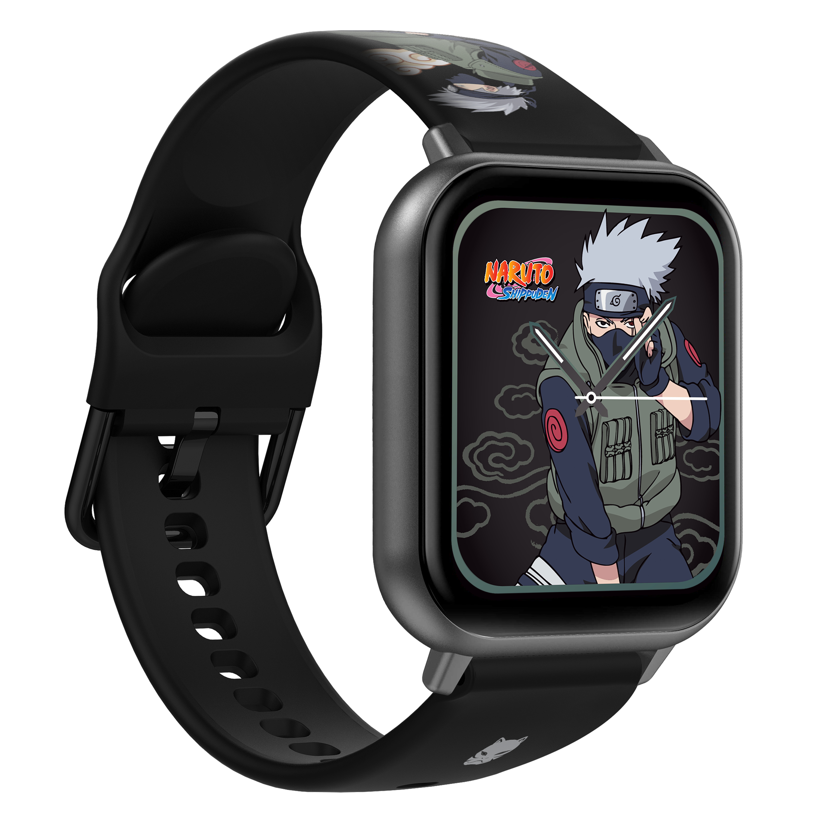 Smartwatch mit Naruto-Charakter auf dem Display. Die Uhr hat ein schwarzes Armband und ist schräg.