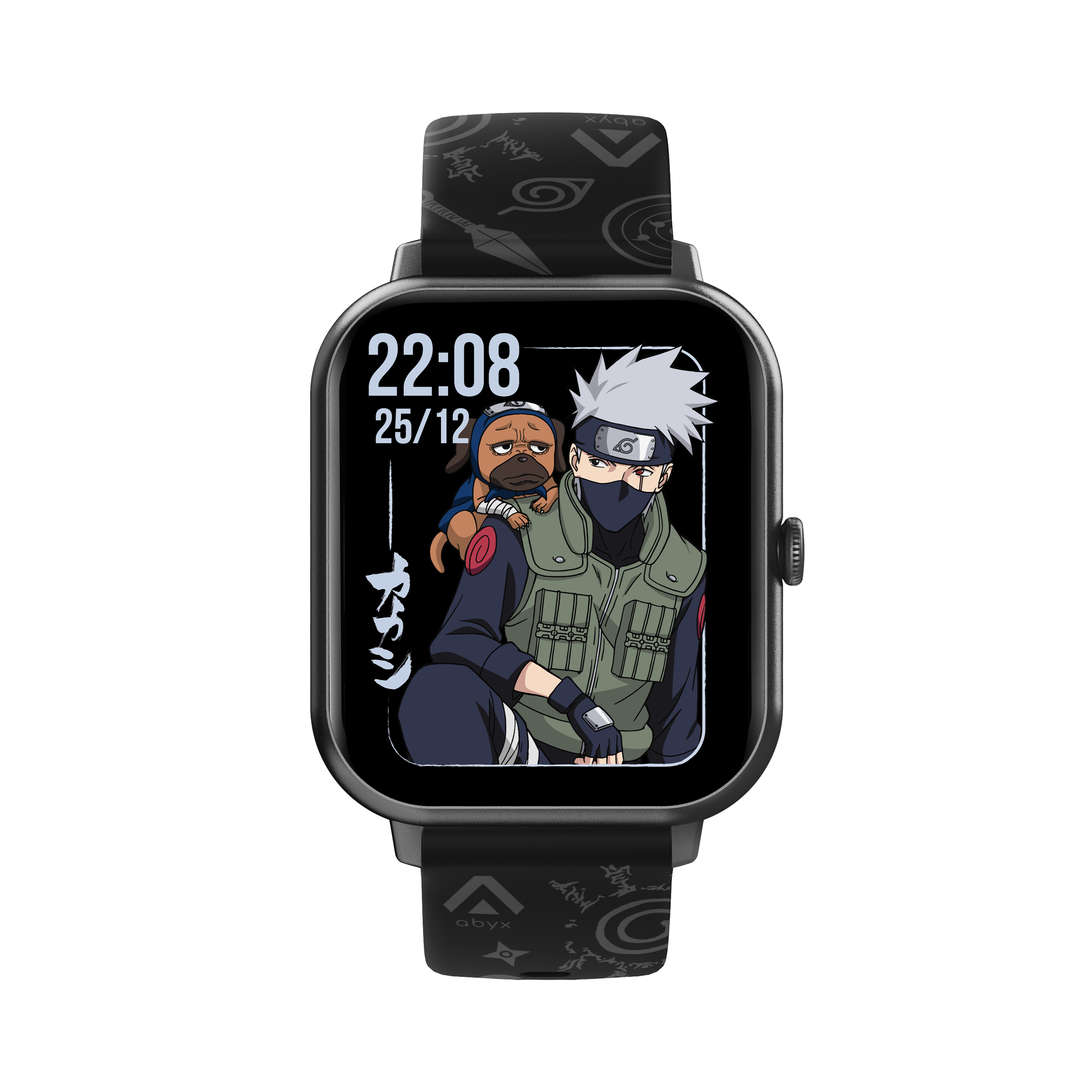 Smartwatch mit Naruto-Thema. Kakashi und ein Hund sind auf dem Zifferblatt.