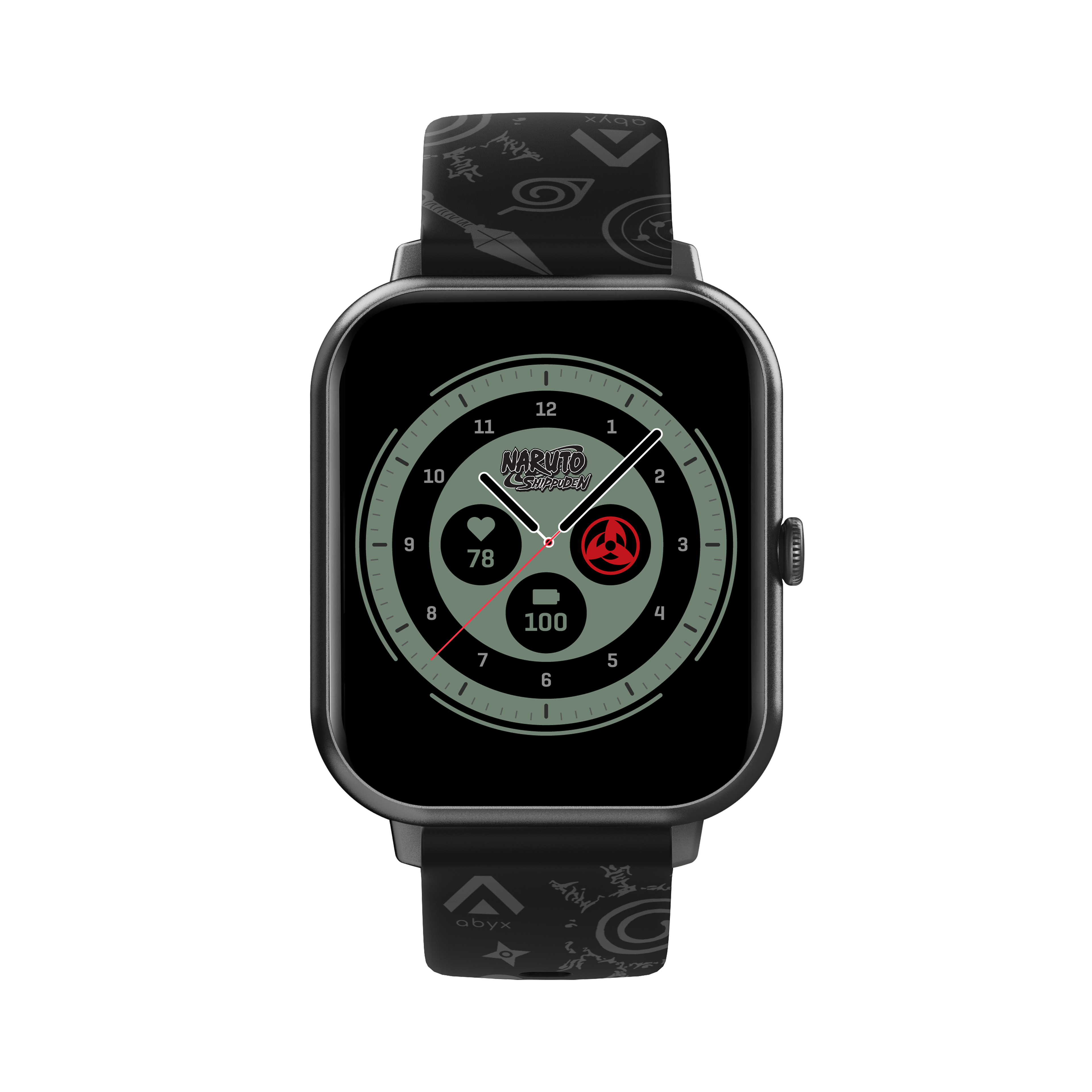 Eine Smartwatch im Naruto-Design mit Uhrzeit, Herzfrequenz und Batterieanzeige.