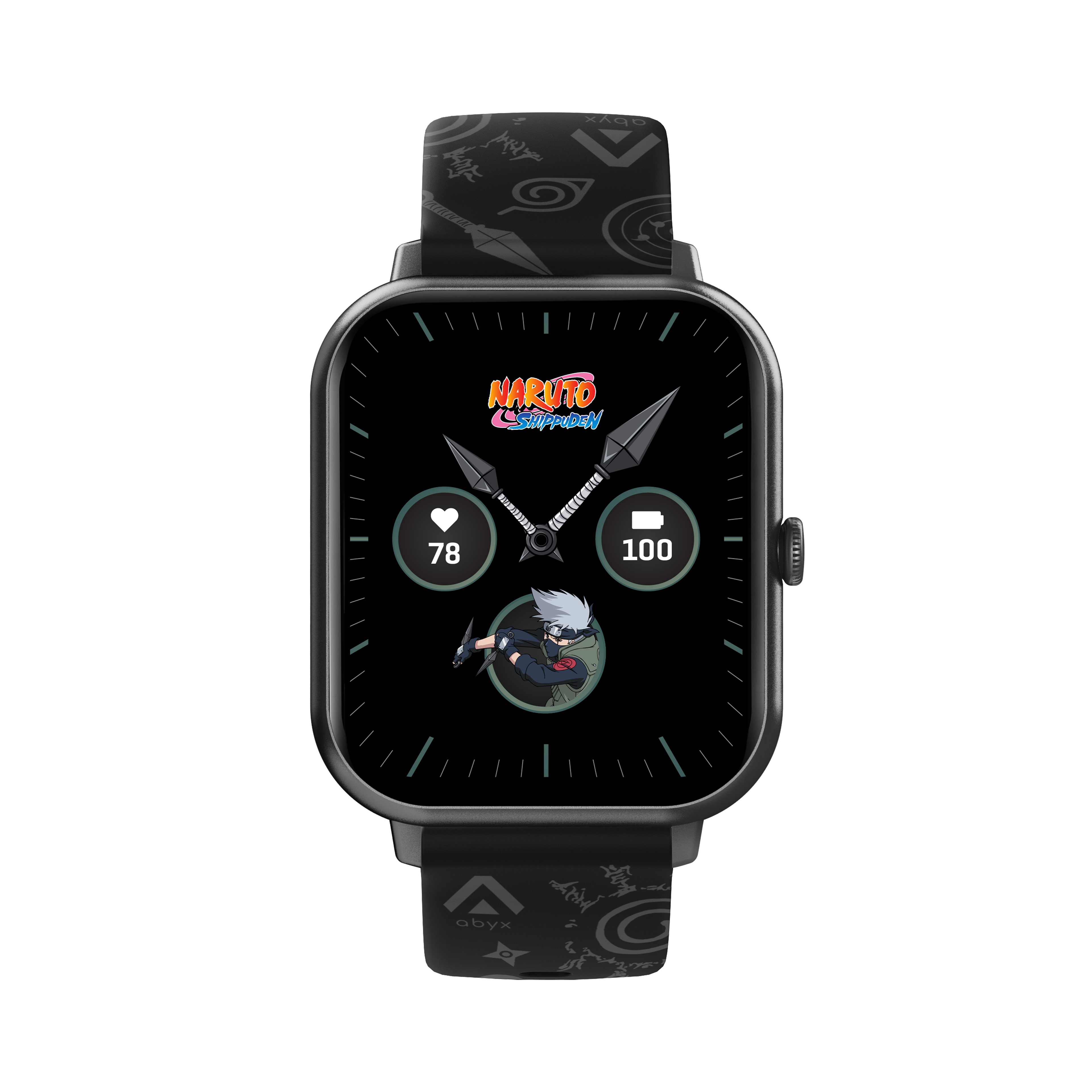 Smartwatch mit Naruto-Design. Das Zifferblatt zeigt Naruto und Gesundheitsdaten.