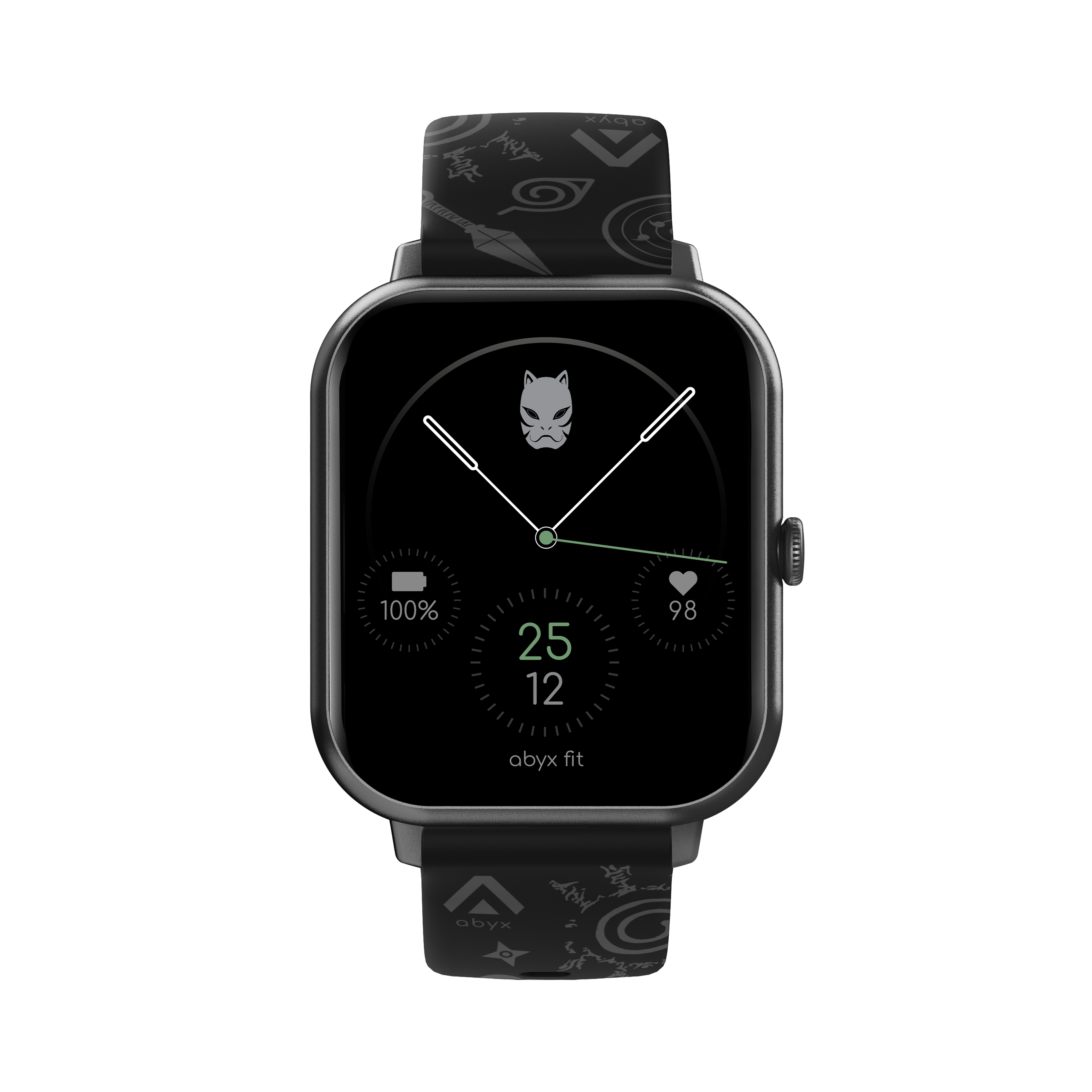 Schwarze Smartwatch mit schwarzem Armband, zeigt Zeit und Gesundheitsdaten auf schwarzem Bildschirm, gemustertes Band.