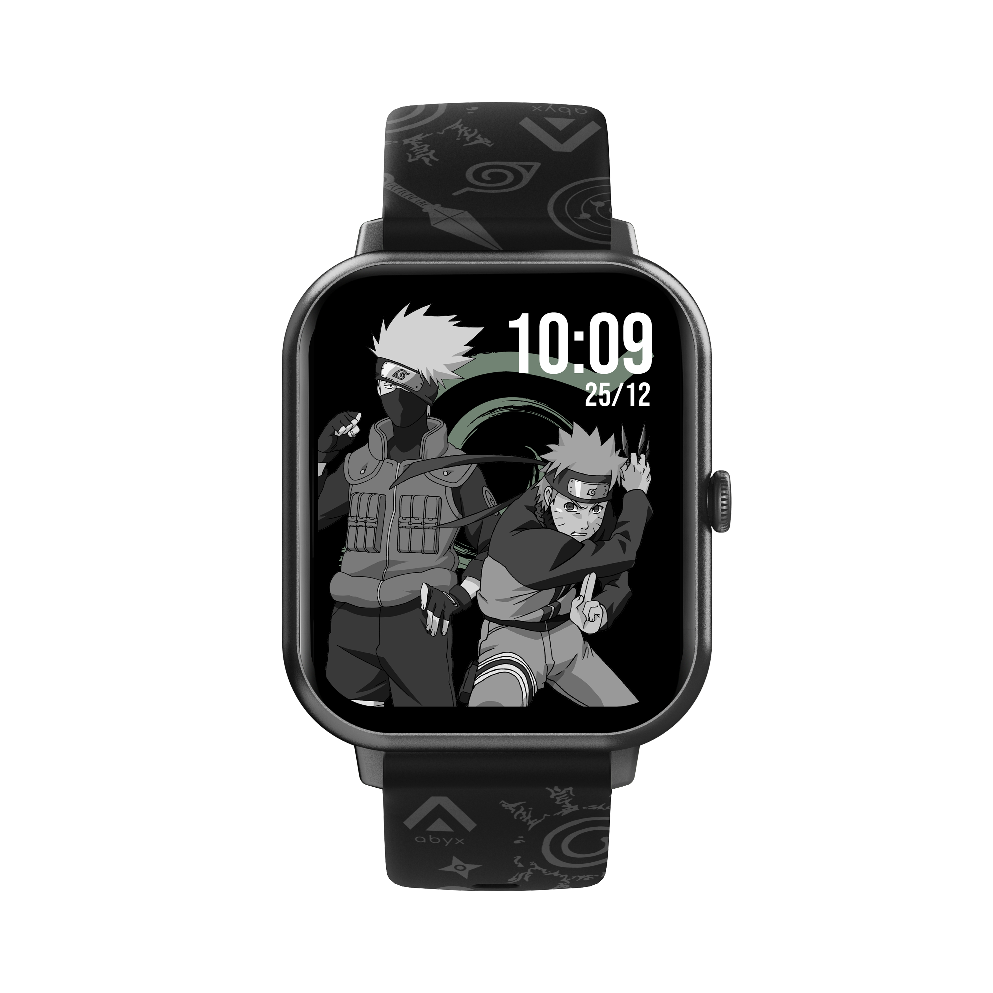 Eine Smartwatch mit Naruto- und Kakashi-Charakteren auf dem Bildschirm. Die Uhrzeit ist 10:09 25/12.