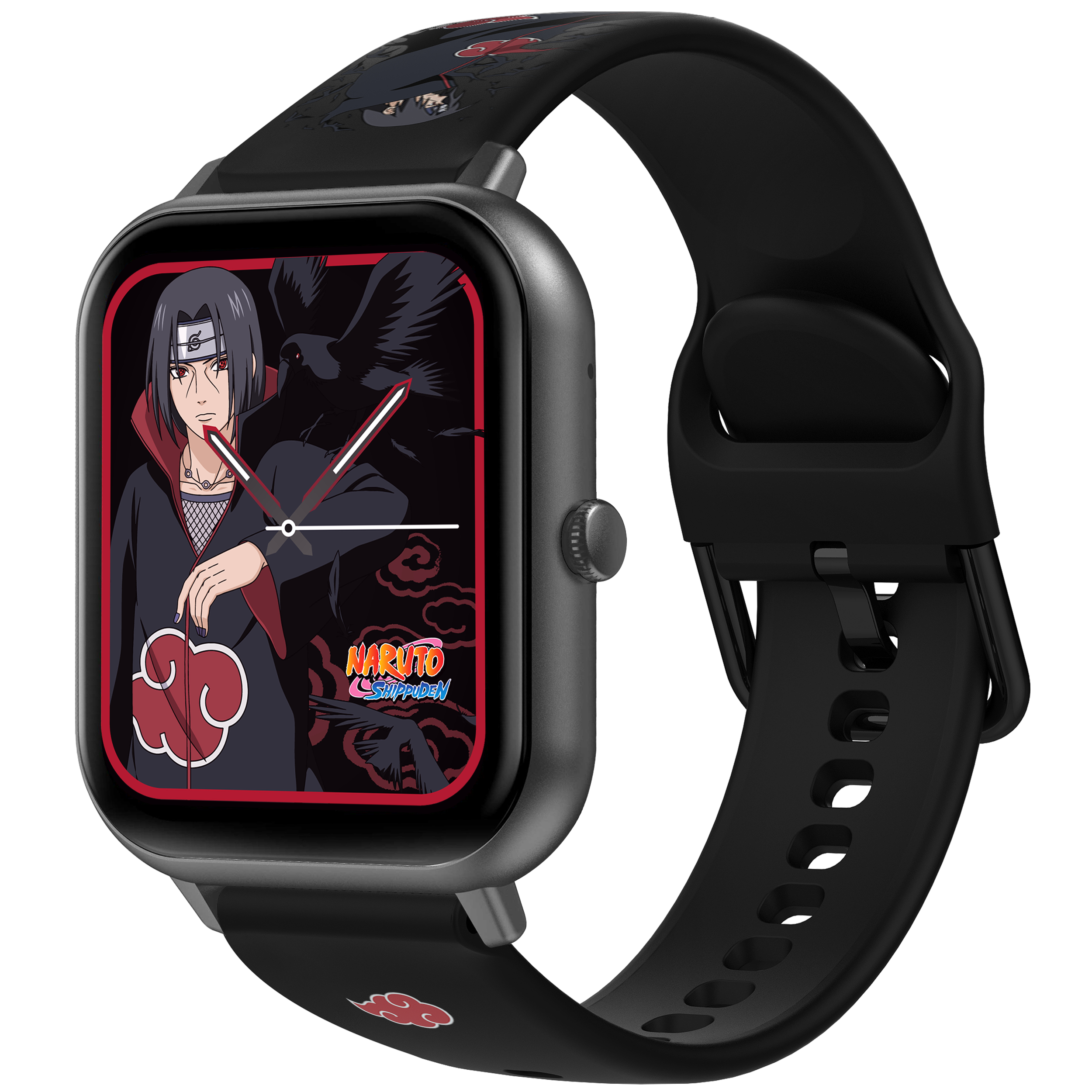 Eine schwarz-rote Smartwatch mit einem Naruto-Charakterdesign auf dem Zifferblatt.