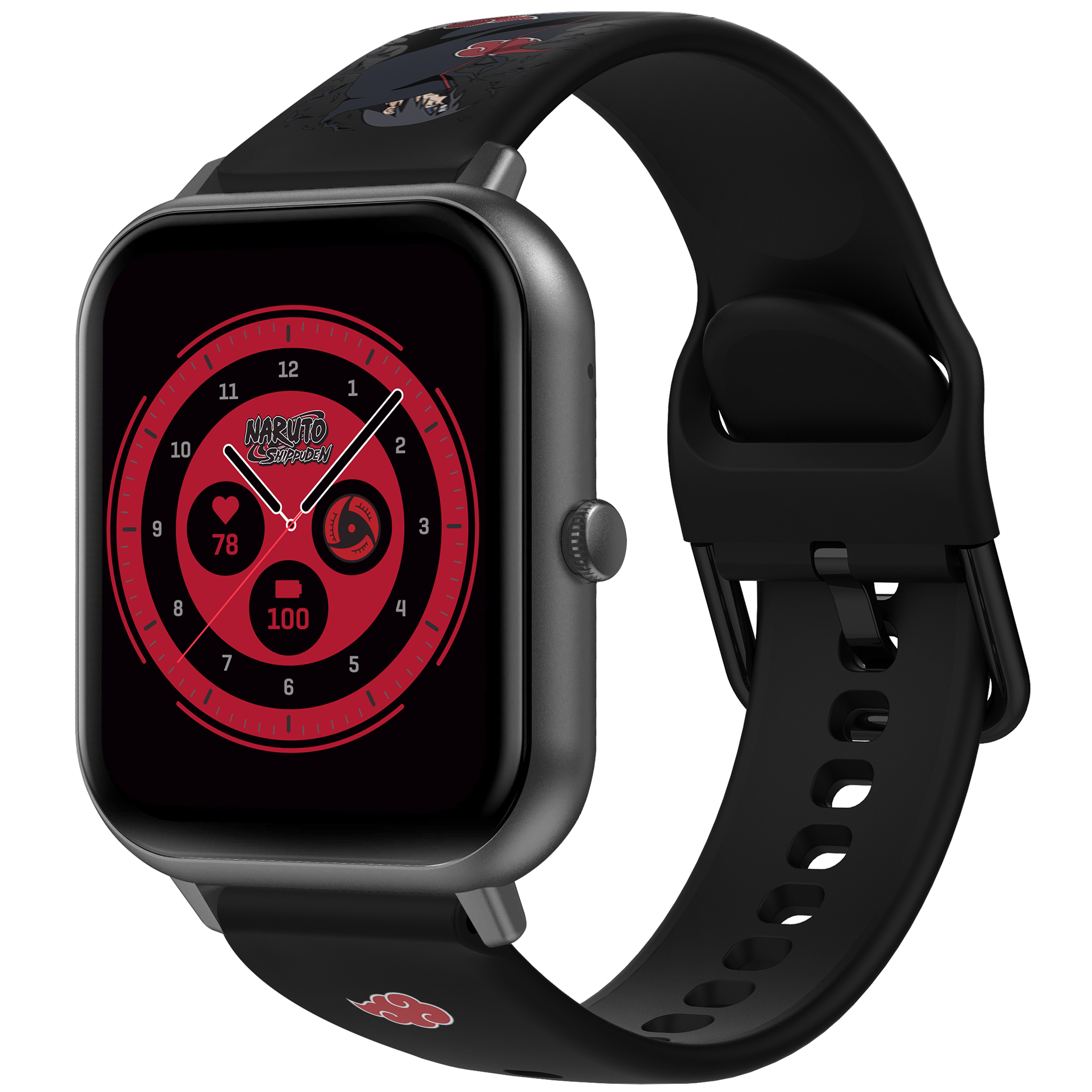 Schwarze Smartwatch mit Naruto-Thema auf dem Bildschirm, schwarzes Armband. Rot-schwarzes Design.