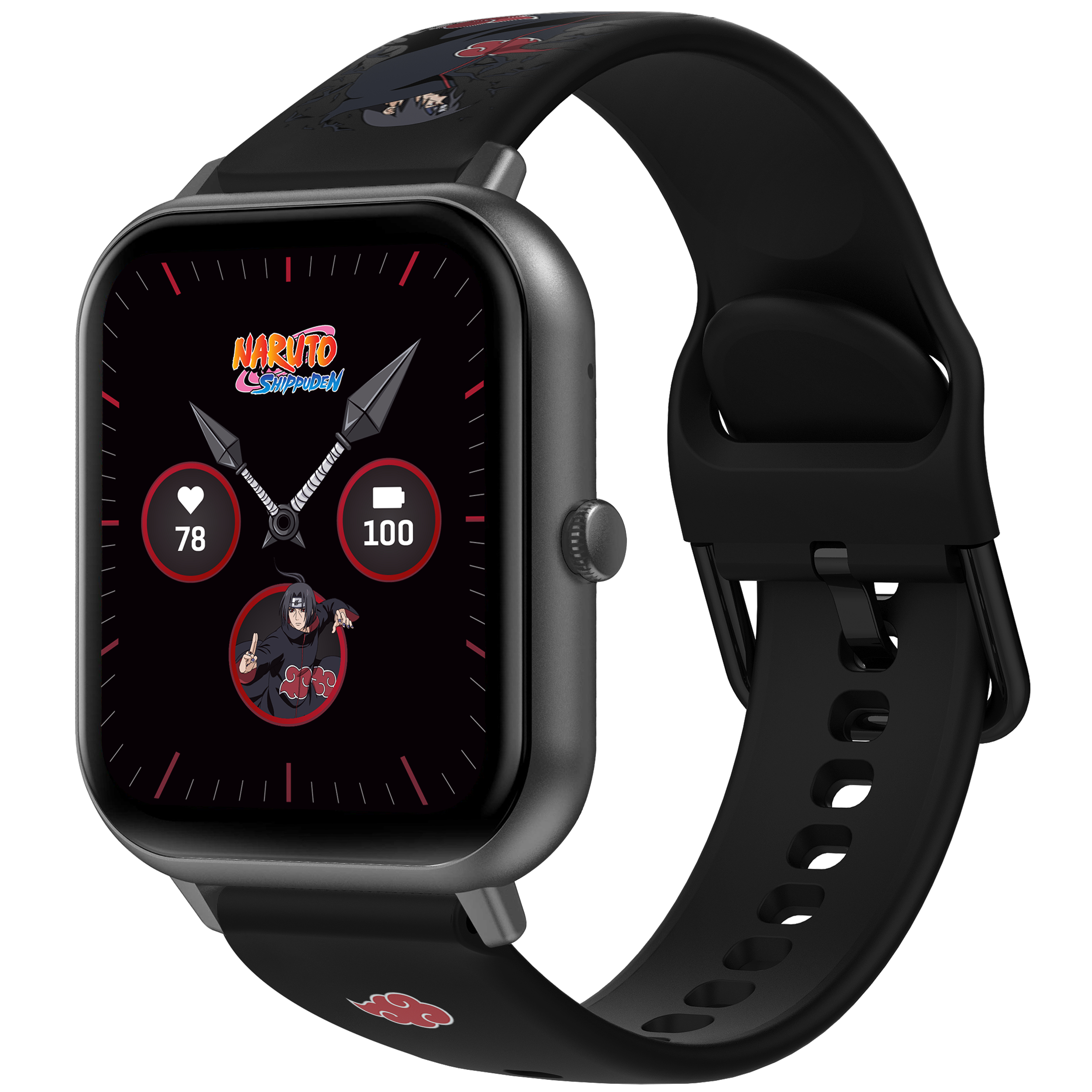 Schwarze Smartwatch mit Naruto-Design auf Armband und Zifferblatt. Zeigt Gesundheitsdaten an.