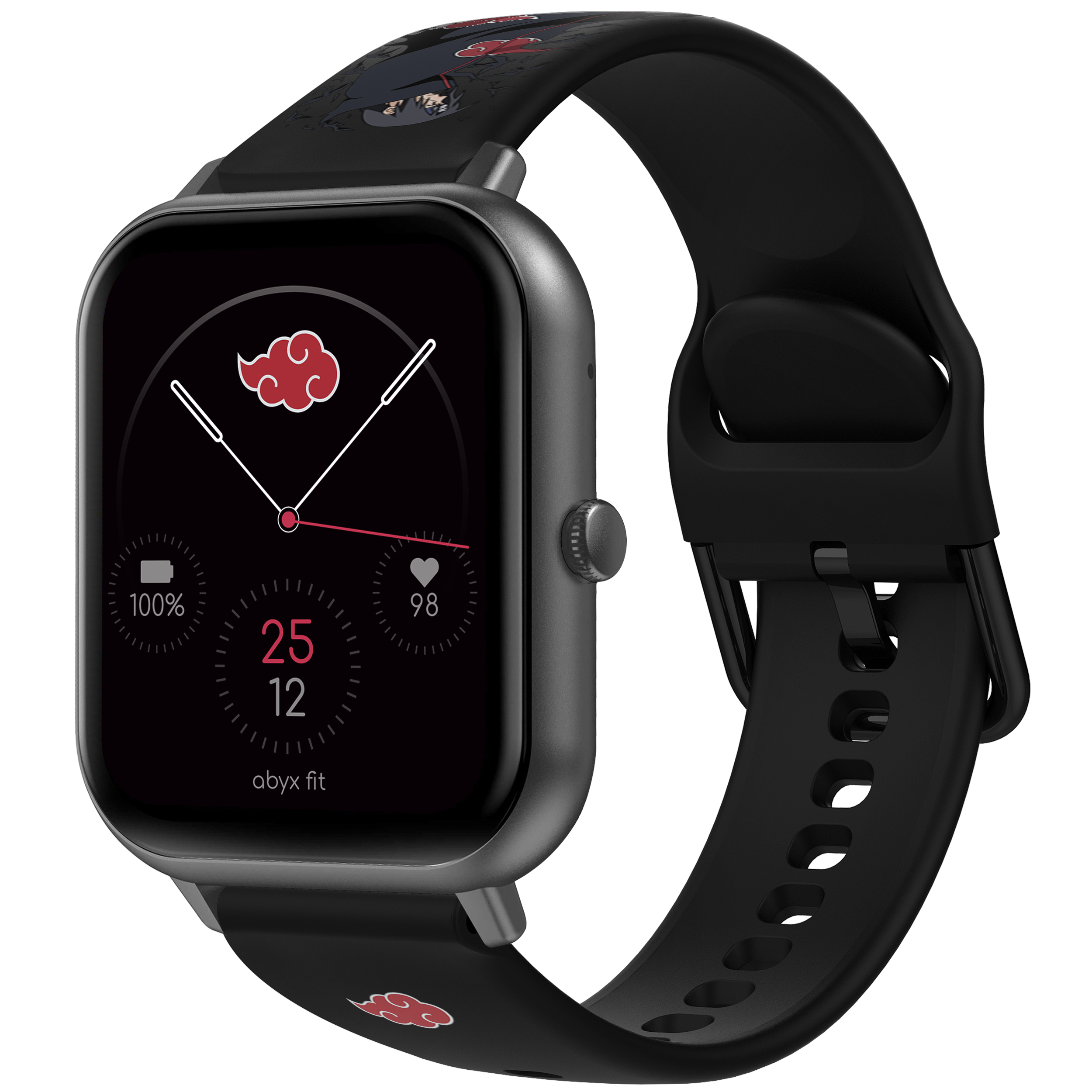 Smartwatch mit schwarzem Armband und Display, das ein Anime-Wolken-Symbol und Batterie-/Signalindikatoren zeigt.