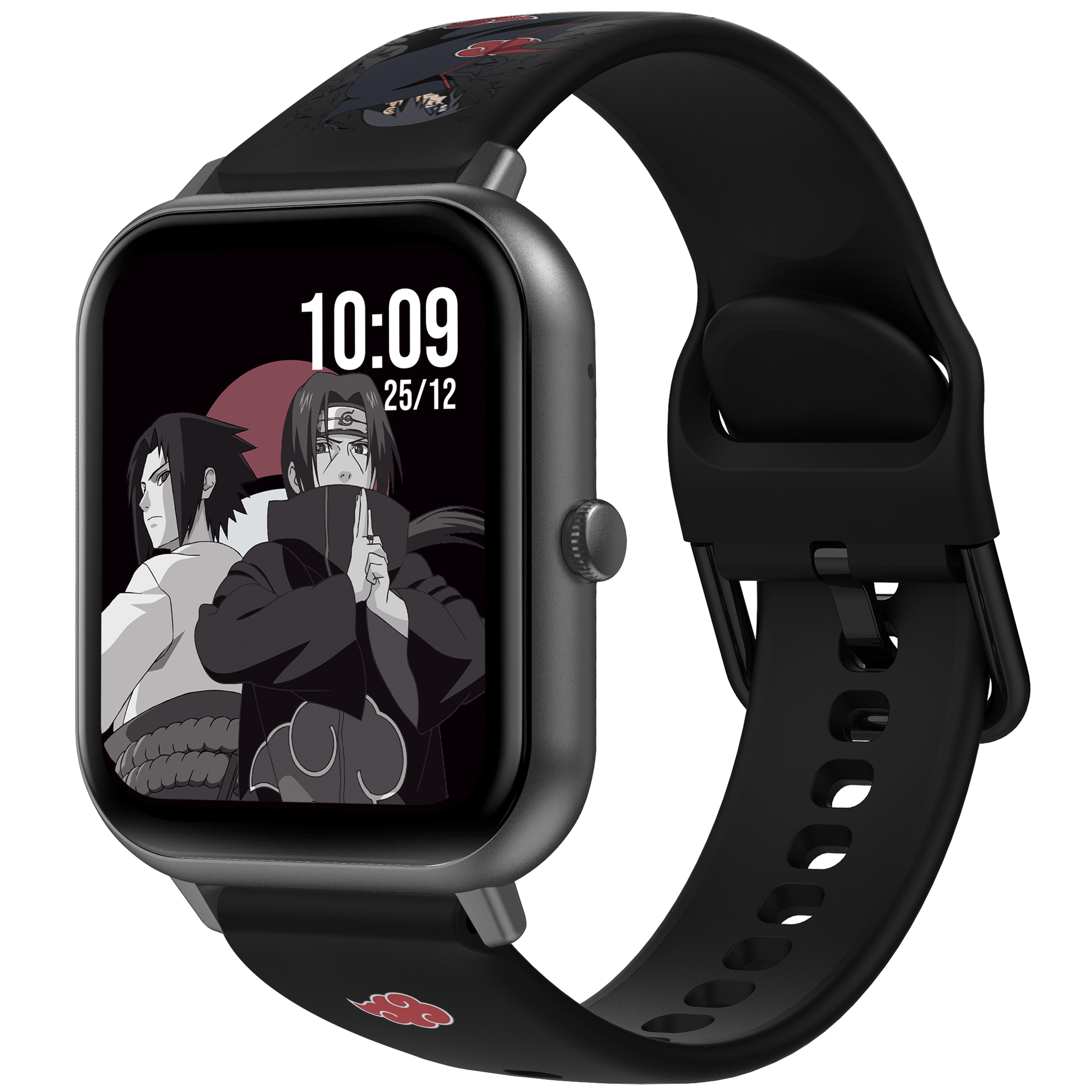 Smartwatch mit schwarzem Armband, Naruto-Charaktere auf dem Bildschirm.