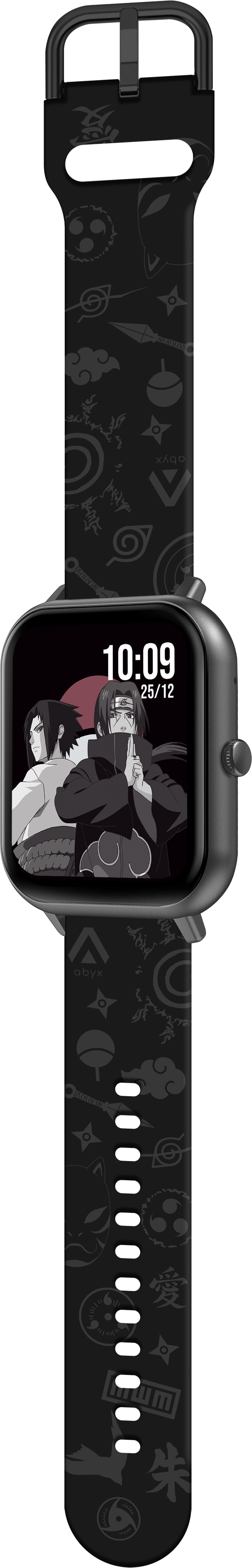 Eine schwarze Smartwatch mit einem Bildschirm, der Figuren aus einem Cartoon zeigt.