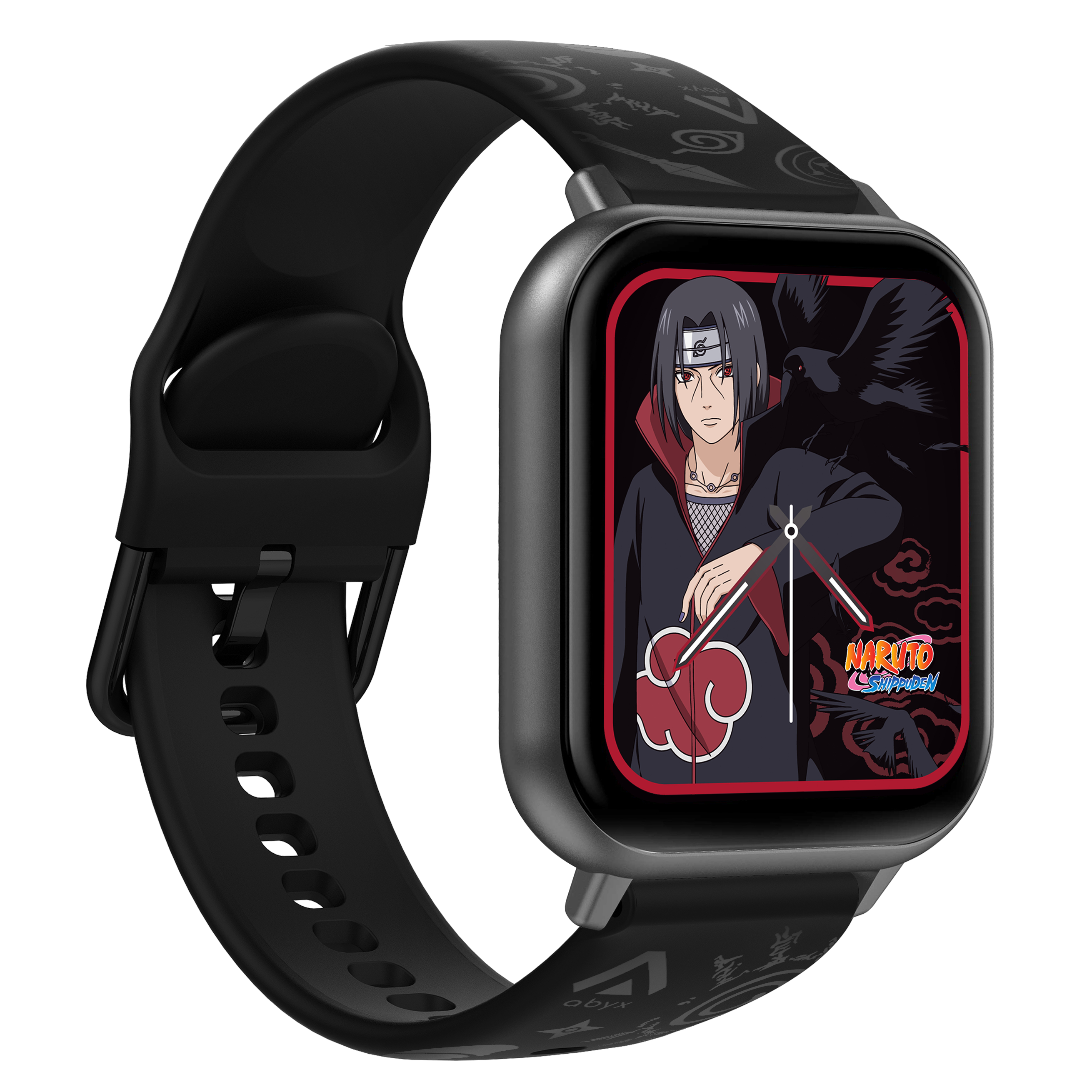 Smartwatch mit schwarzem Armband und Naruto-Darstellung auf dem Bildschirm. Der Hintergrund ist schwarz.