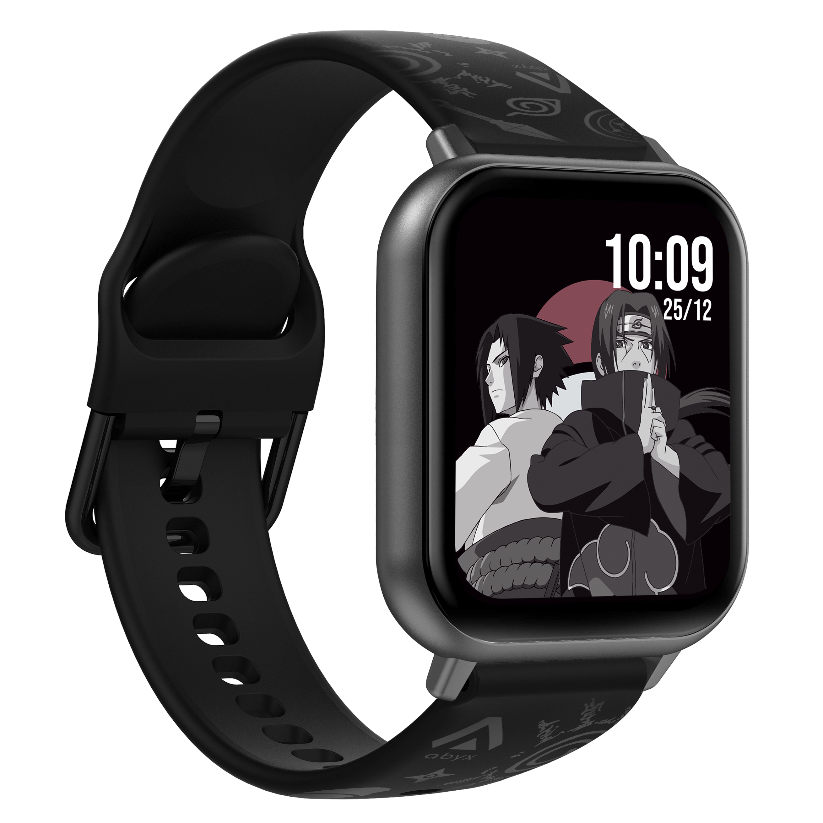 Eine schwarze Smartwatch mit Naruto-Thema, die Zeit und Charaktere zeigt.