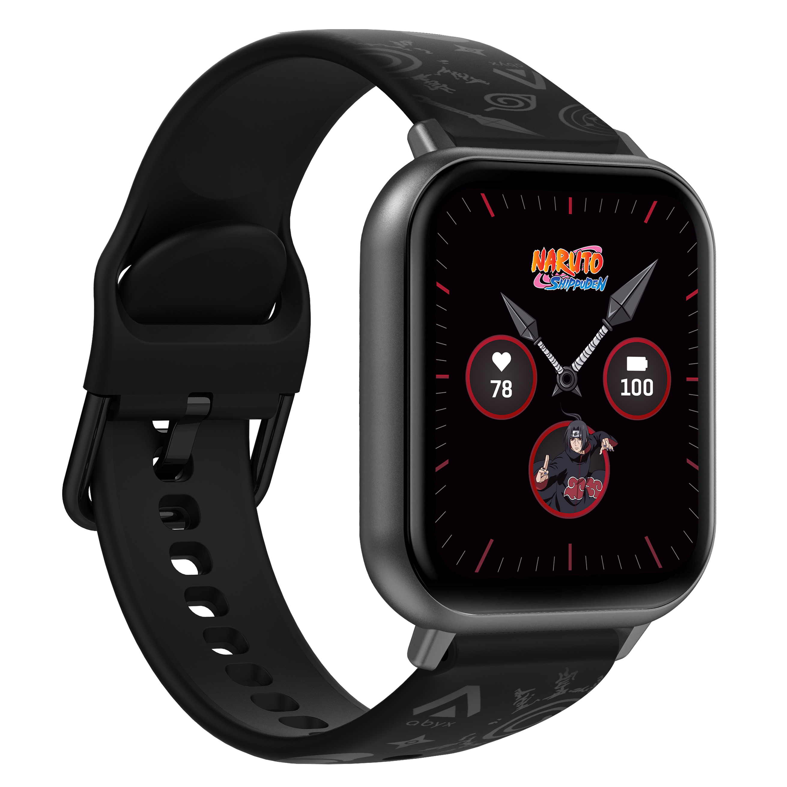 Smartwatch mit Naruto-Design, schwarzem Armband und Digitalanzeige, zeigt Statistiken.