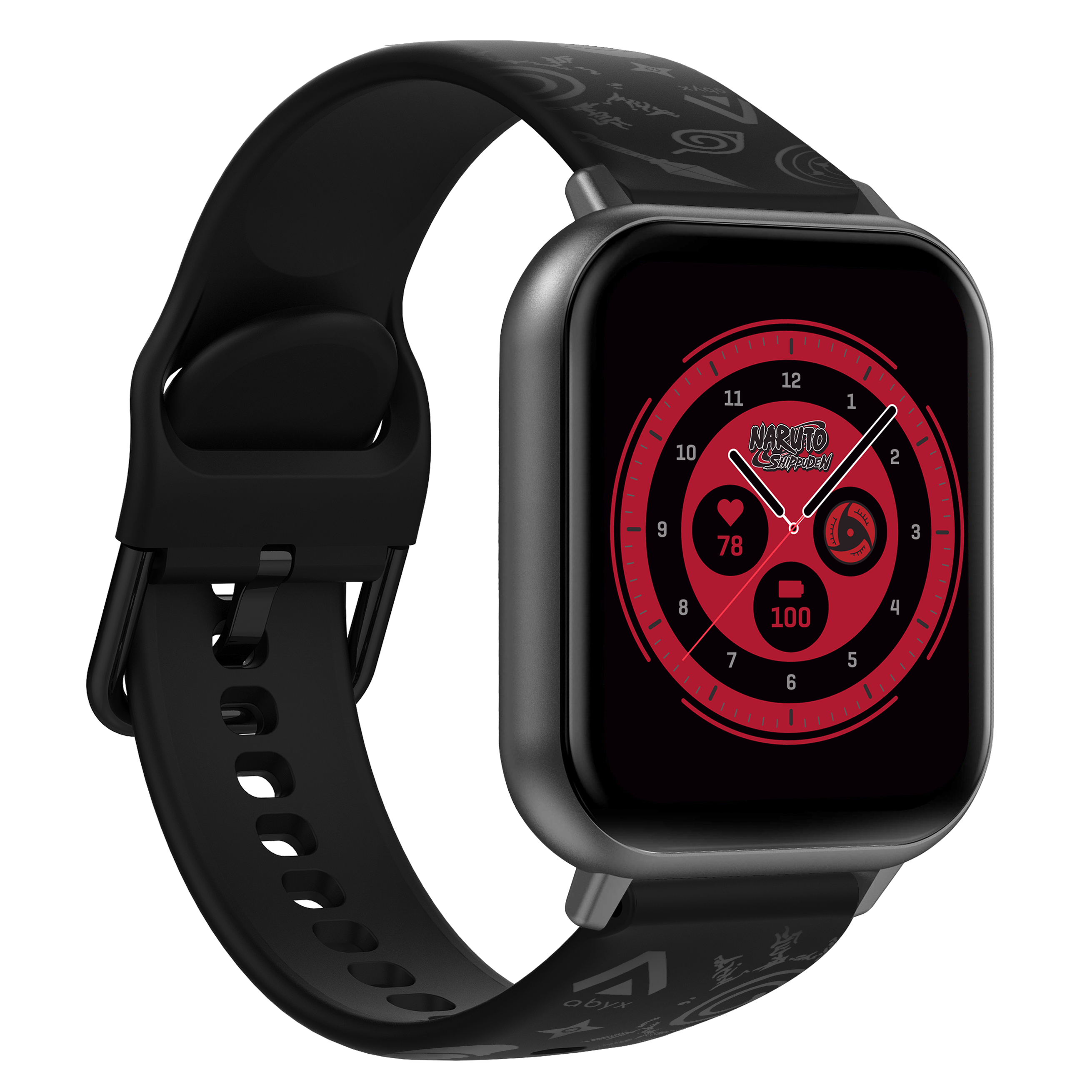 Eine schwarze Naruto-Smartwatch mit schwarzem Armband. Der Bildschirm zeigt Herzfrequenz, Uhrzeit und Anime-Bilder.