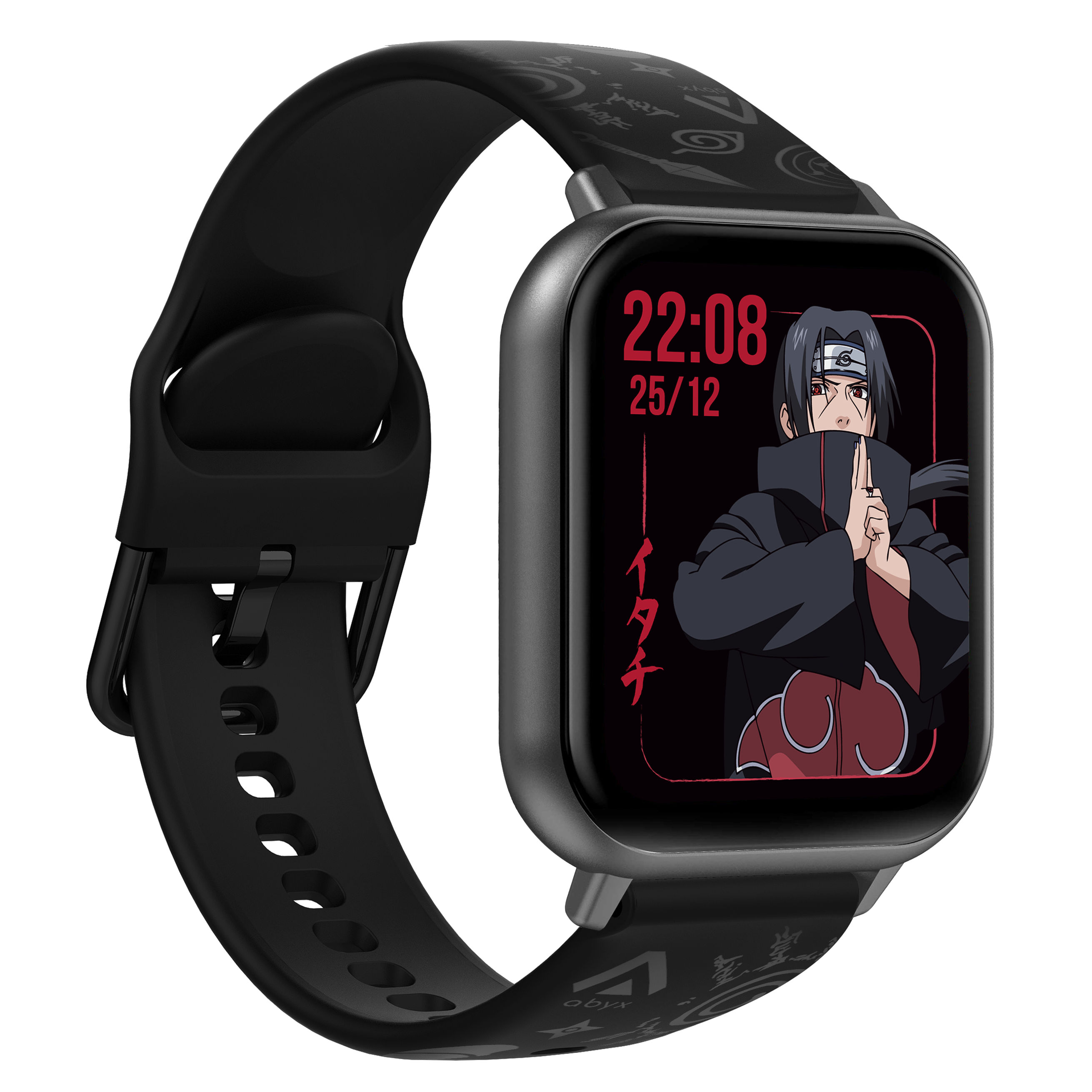 Schwarze Smartwatch mit Naruto-Motiv am Armband, zeigt Itachi Uchiha auf dem Bildschirm, Zeit 22:08.