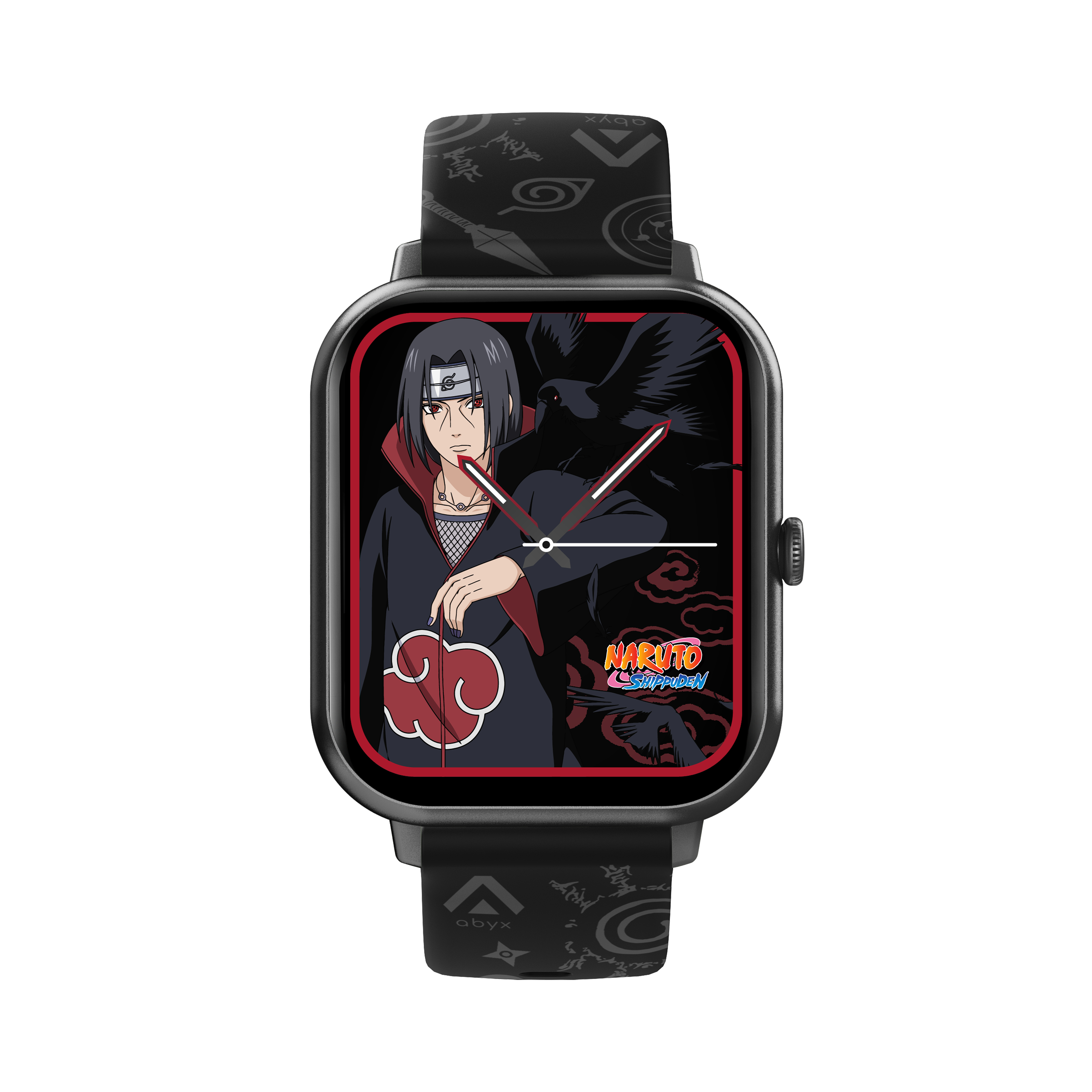 Schwarze Smartwatch mit Naruto-Motiv, Itachi und ein Rabe sind auf dem Bildschirm. Die Uhrzeit ist nicht sichtbar.