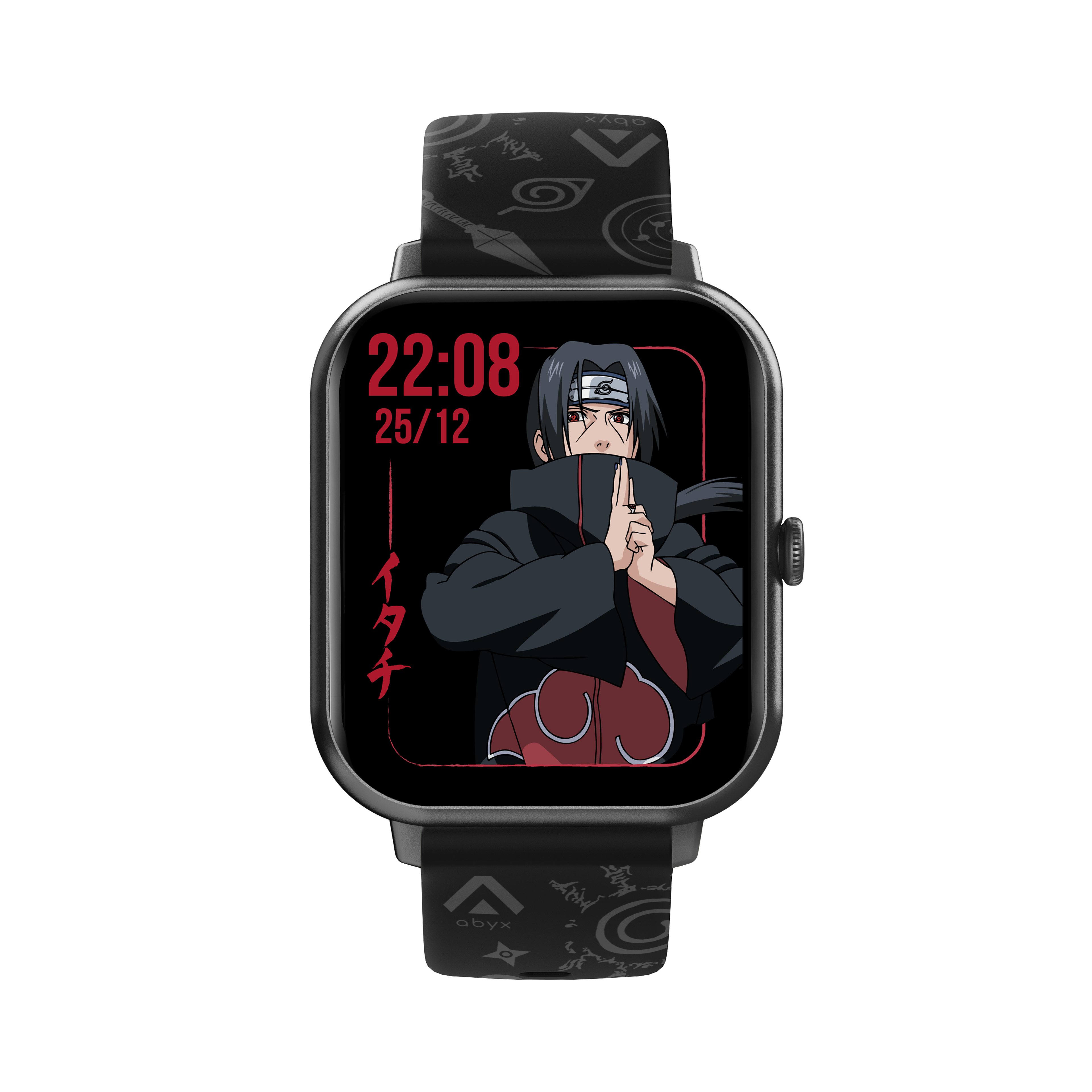 Schwarze Smartwatch mit Naruto-Motiv, Itachi auf dem Bildschirm, Zeit ist 22:08. Das Armband hat Naruto-Symbole.