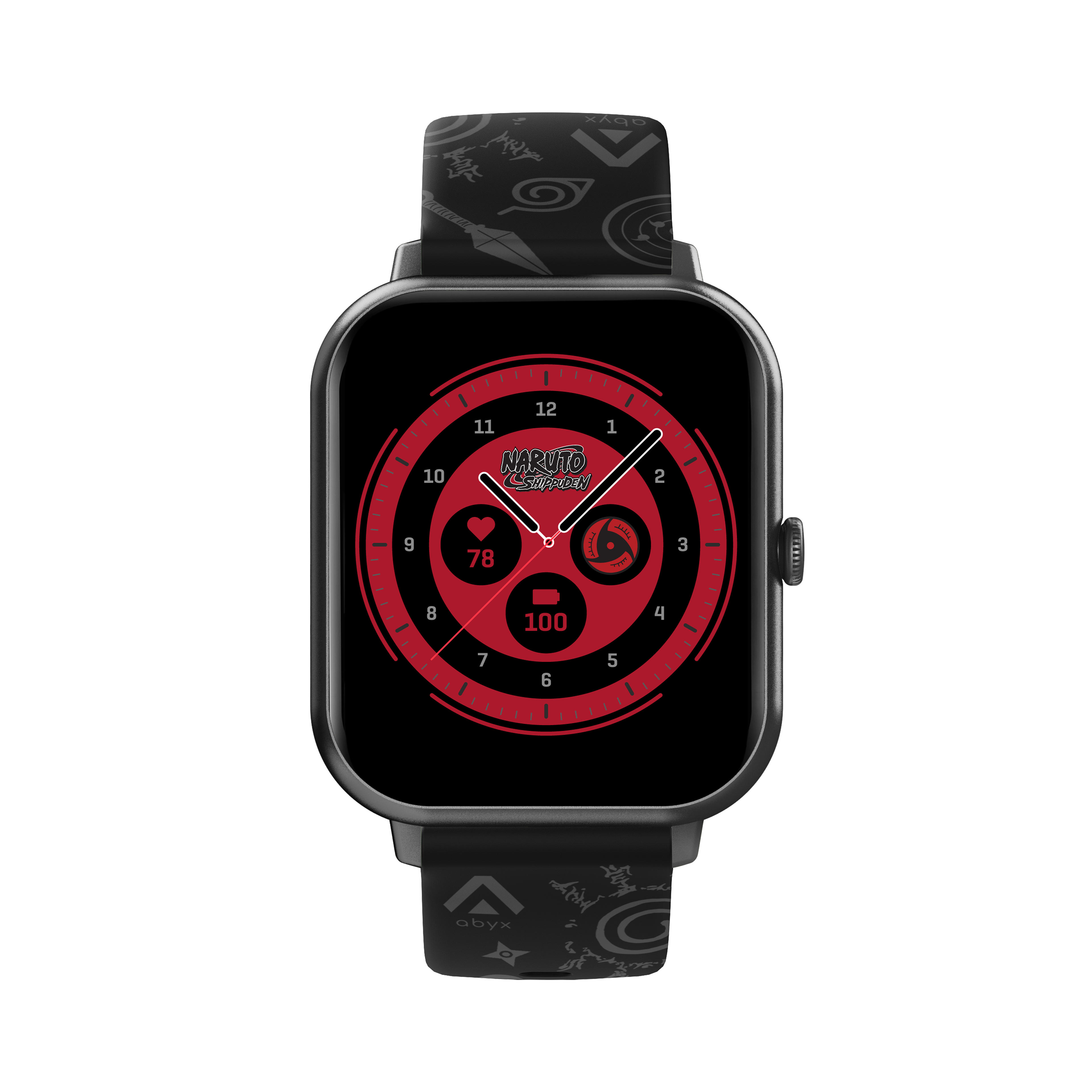 Smartwatch mit rotem Naruto-Themen-Interface auf schwarzem Armband. Herzfrequenz und Akkuladung angezeigt.
