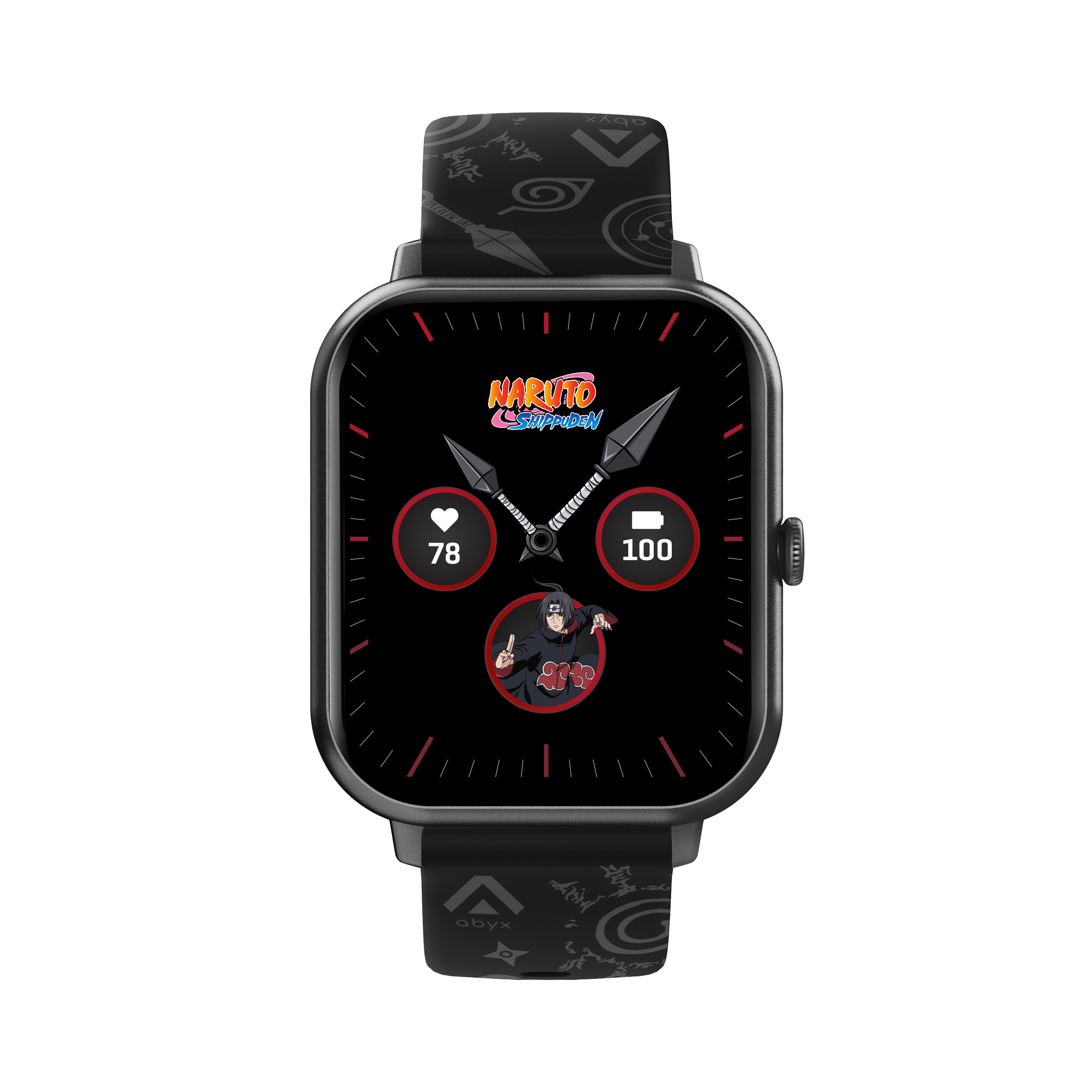 Schwarze Smartwatch mit Naruto-Motiv, Itachi auf dem Bildschirm. Herzfrequenz- und Akkuanzeige sichtbar.