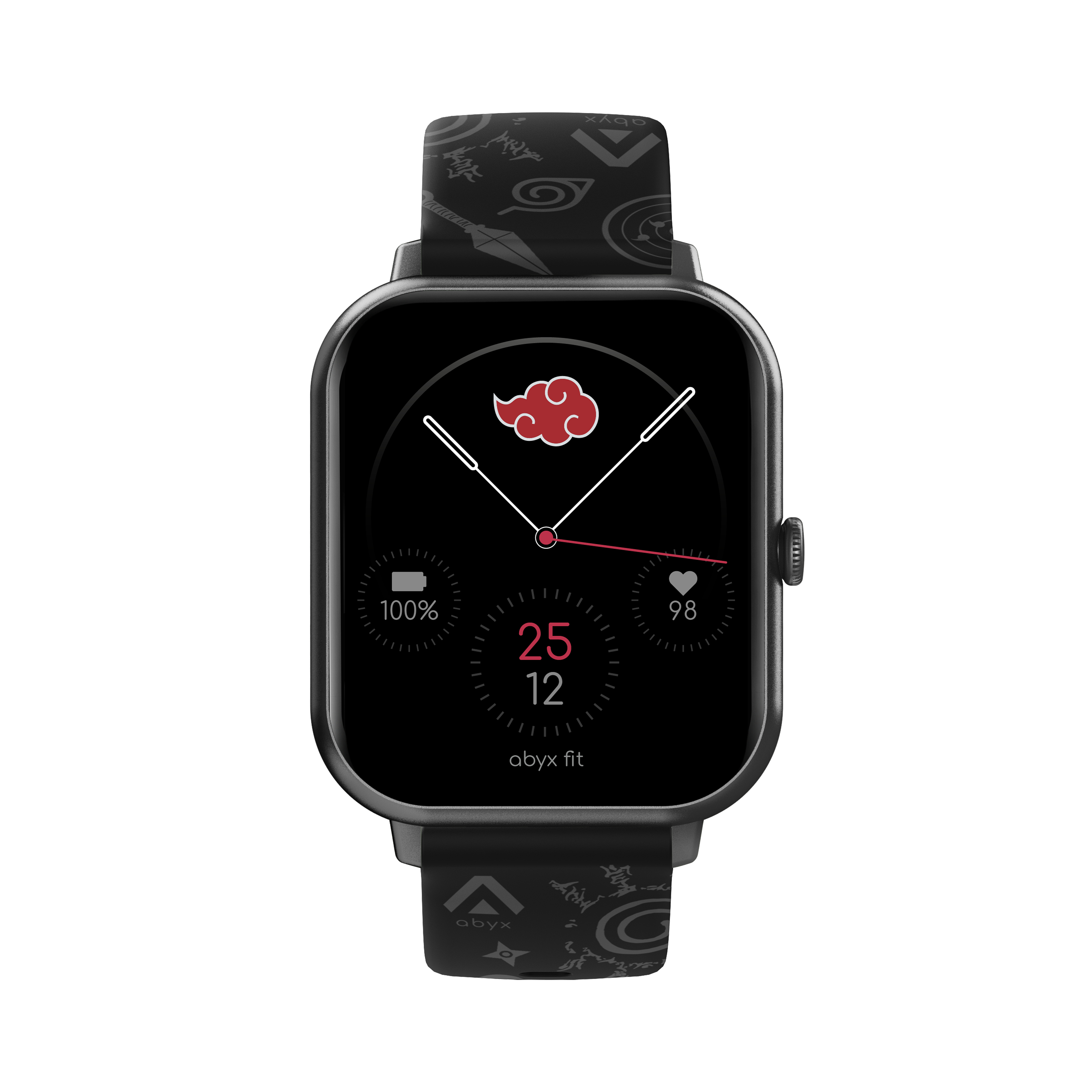 Smartwatch mit schwarzem Bildschirm und rotem Wolkensymbol. Das Armband ist schwarz mit weißen Symbolen.