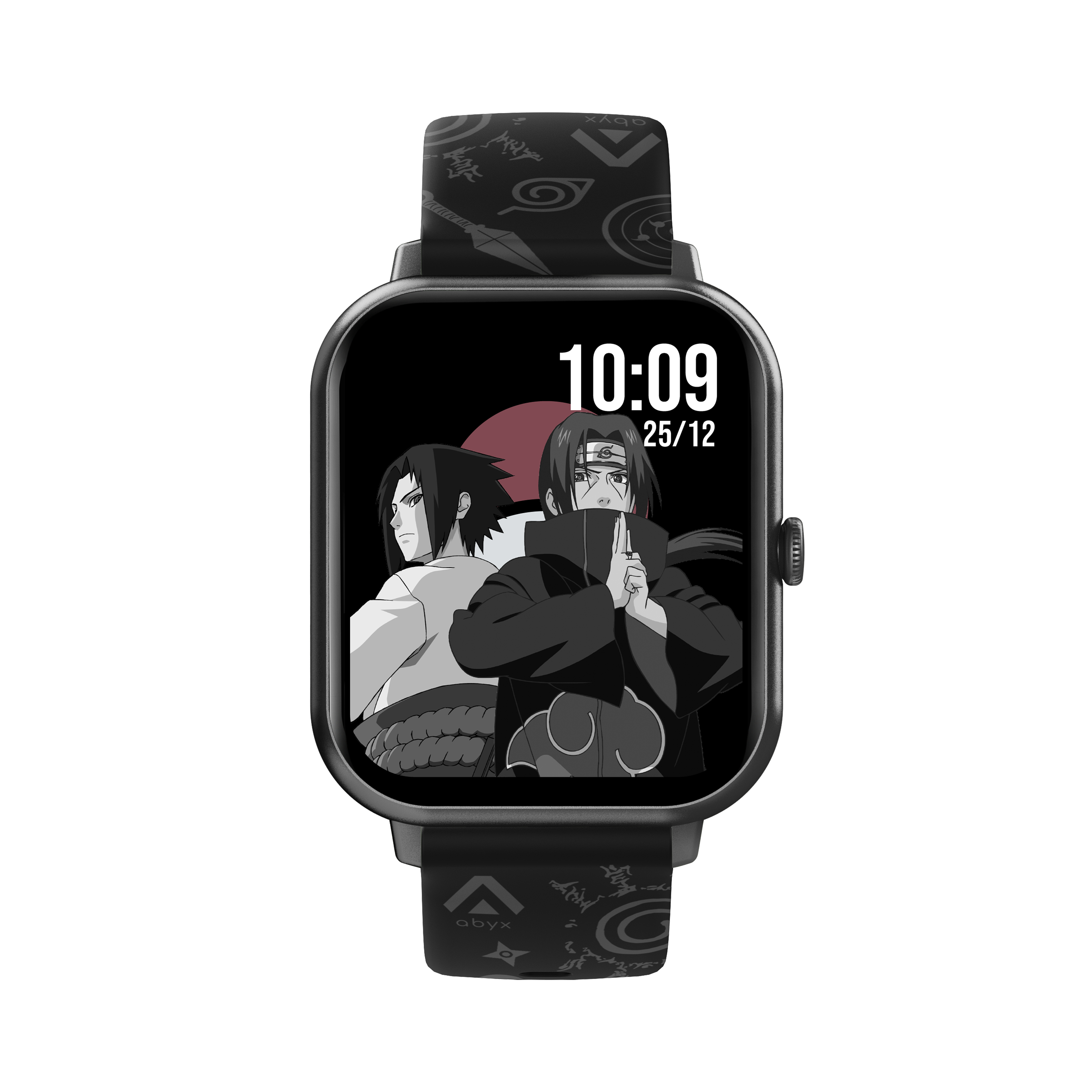 Smartwatch mit zwei Anime-Charakteren auf dem Display, schwarzes Armband.
