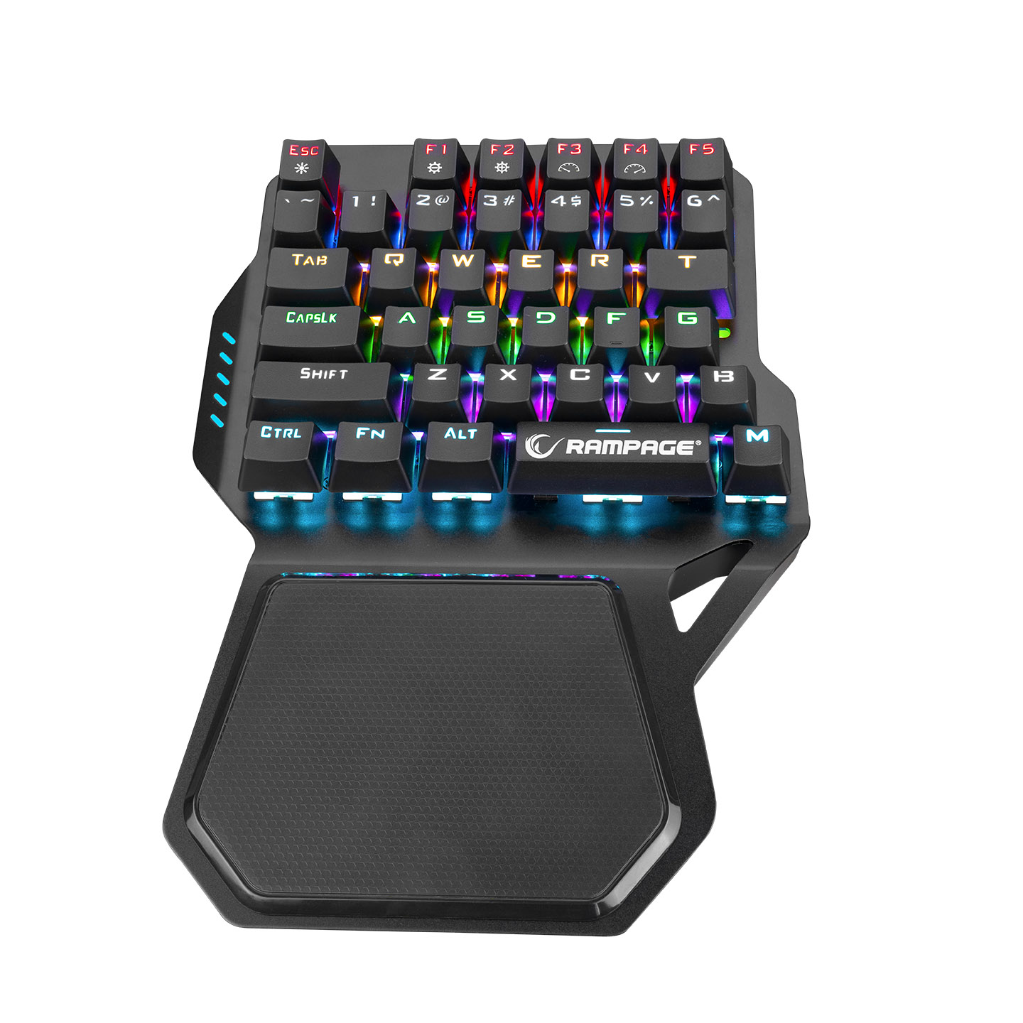 RGB aydınlatmalı, siyah tuşlu ve bilek destekli bir oyun tuş takımı.