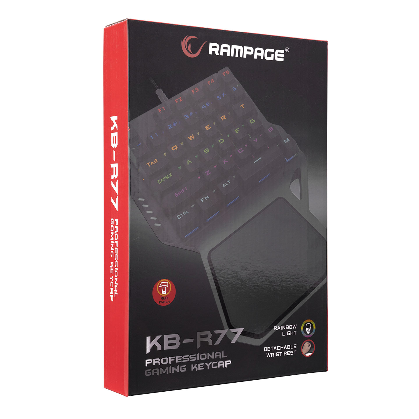Bir klavye kutusu, bir klavye illüstrasyonu ve Rampage logosu.