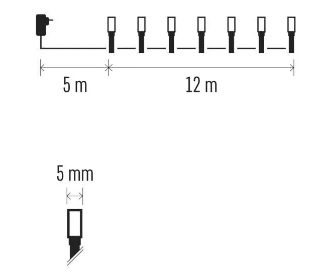 Fényfüzér diagramja méretekkel méterben és milliméterben.