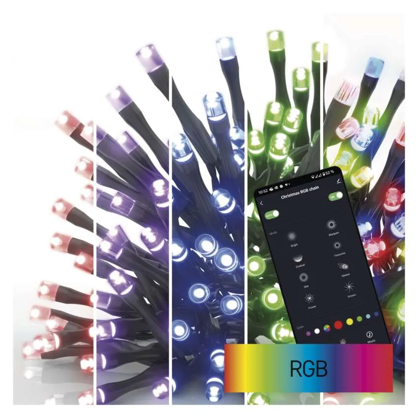 RGB karácsonyi fények színváltozásokat mutatnak. Egy telefon vezérlőfelületet mutat, alul szivárványos gradienssel.