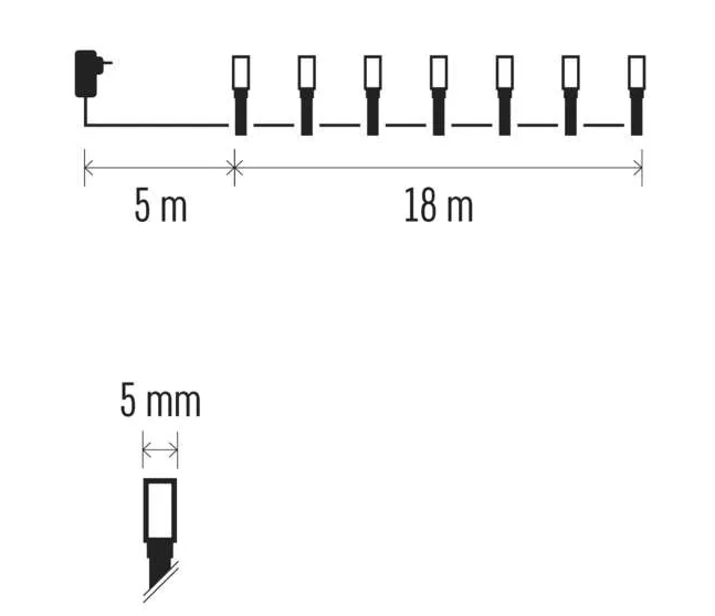 Egy sor lámpa diagramja, melyek egy vezetékkel vannak összekötve, méretekkel méterben.