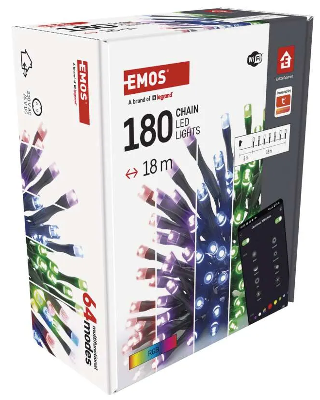 EMOS LED-es füzérlámpák doboza, 180 lámpa, 18m hosszú, 64 mód, RGB színek.