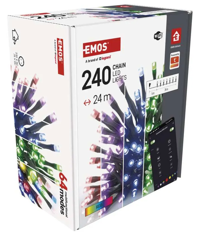 EMOS LED lámpák doboza, 240 lámpa, 24m, okostelefonnal az oldalán.
