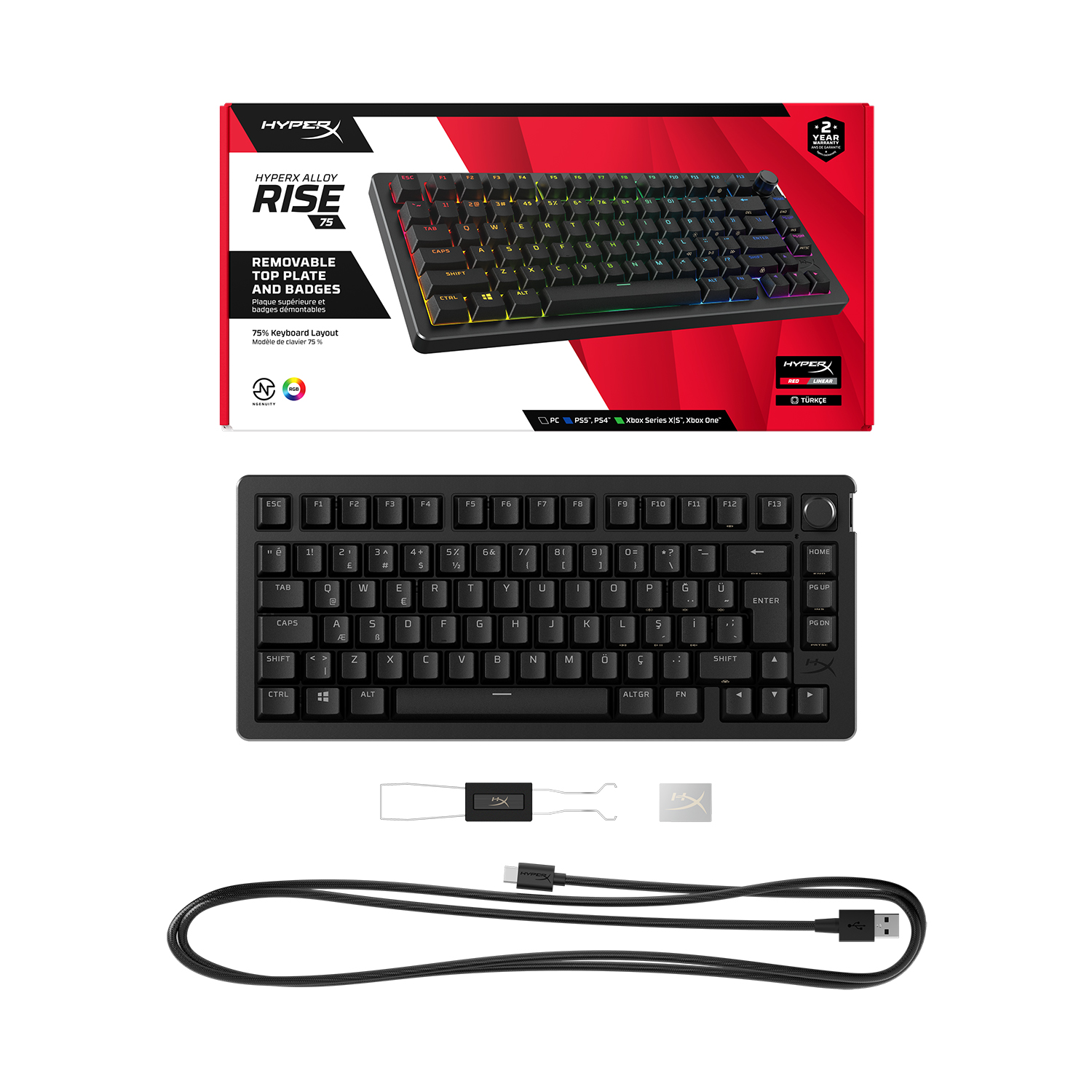 HyperX Alloy Rise 75 klavye, ambalajı ve aksesuarlarıyla.