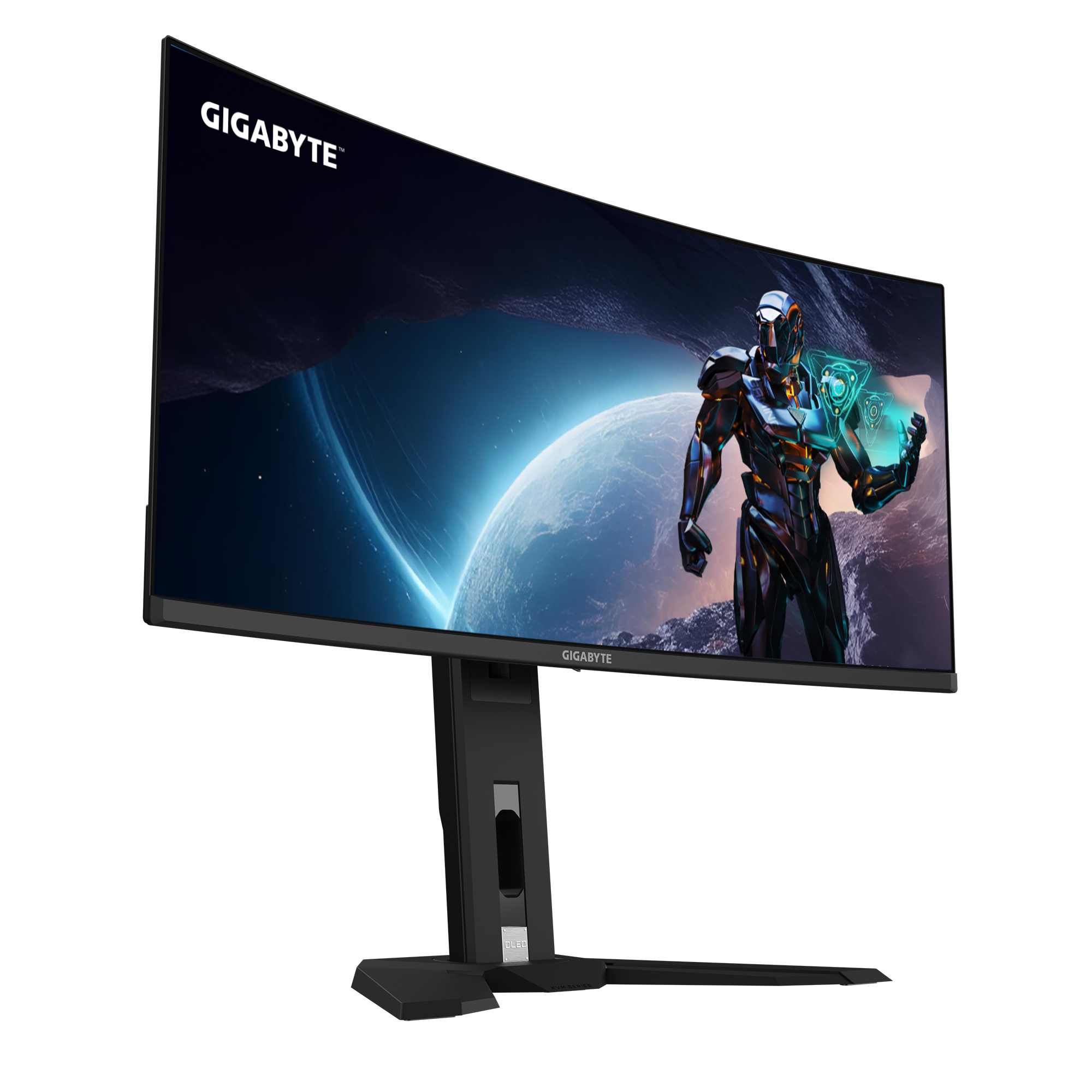 Ein gebogener Computermonitor mit einem futuristischen Bild einer Person im Raumanzug.