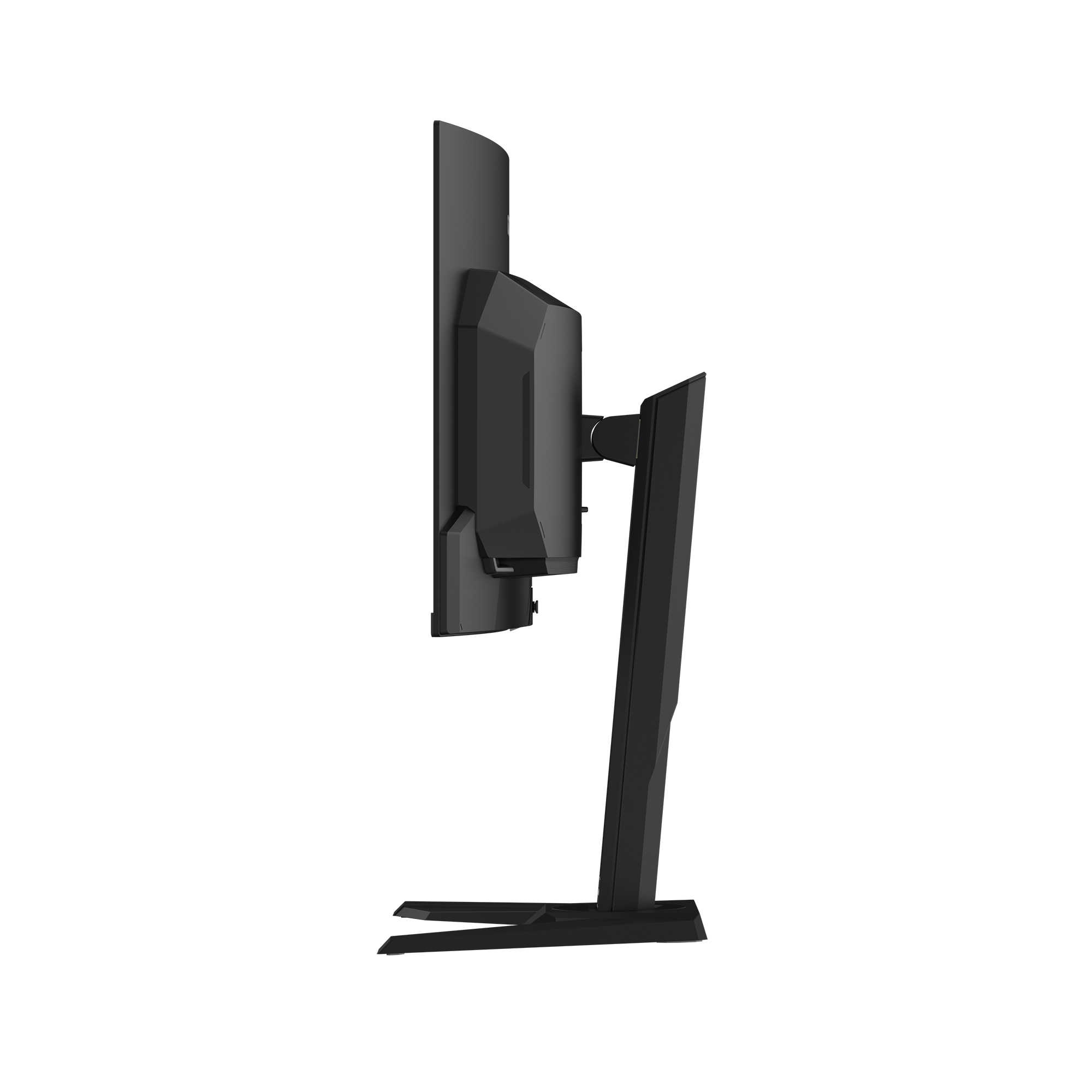 Eine Seitenansicht eines schwarzen Computermonitors.